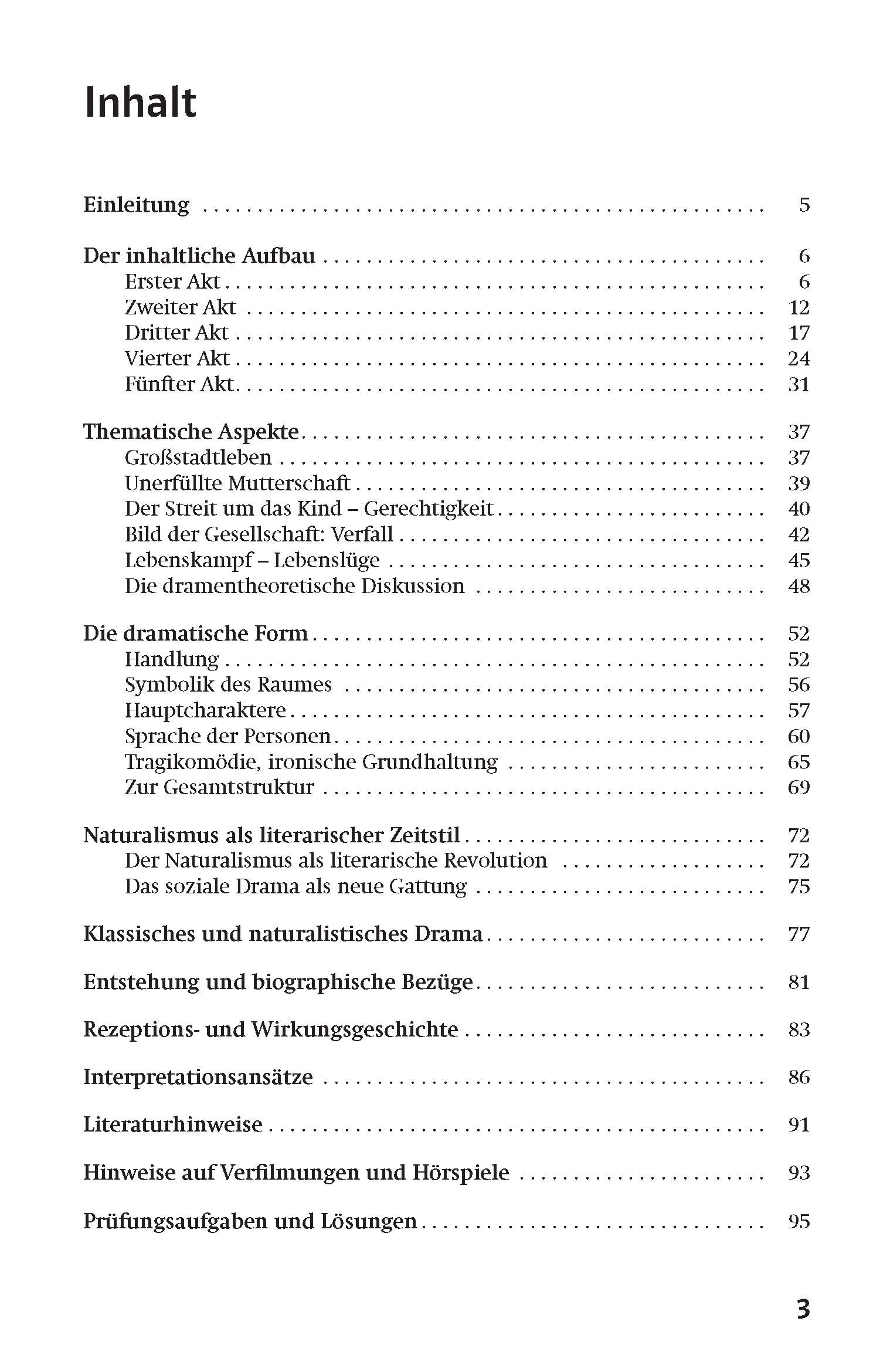 Inhaltsverzeichnis in deutscher Sprache, das Abschnitte und Seitenzahlen zu Themen wie Einleitung, Aufbau, thematische Aspekte, dramatische Form und literarischer Kontext aufführt.
