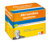 Klett Abi-Lernbox Geschichte Eine Schachtel mit der Aufschrift Abi-Lernbox Geschichte mit dem Bild eines Mannes in Schwarz-Weiß in der linken unteren Ecke, die für das Studium der Geschichte auf Deutsch gedacht ist.