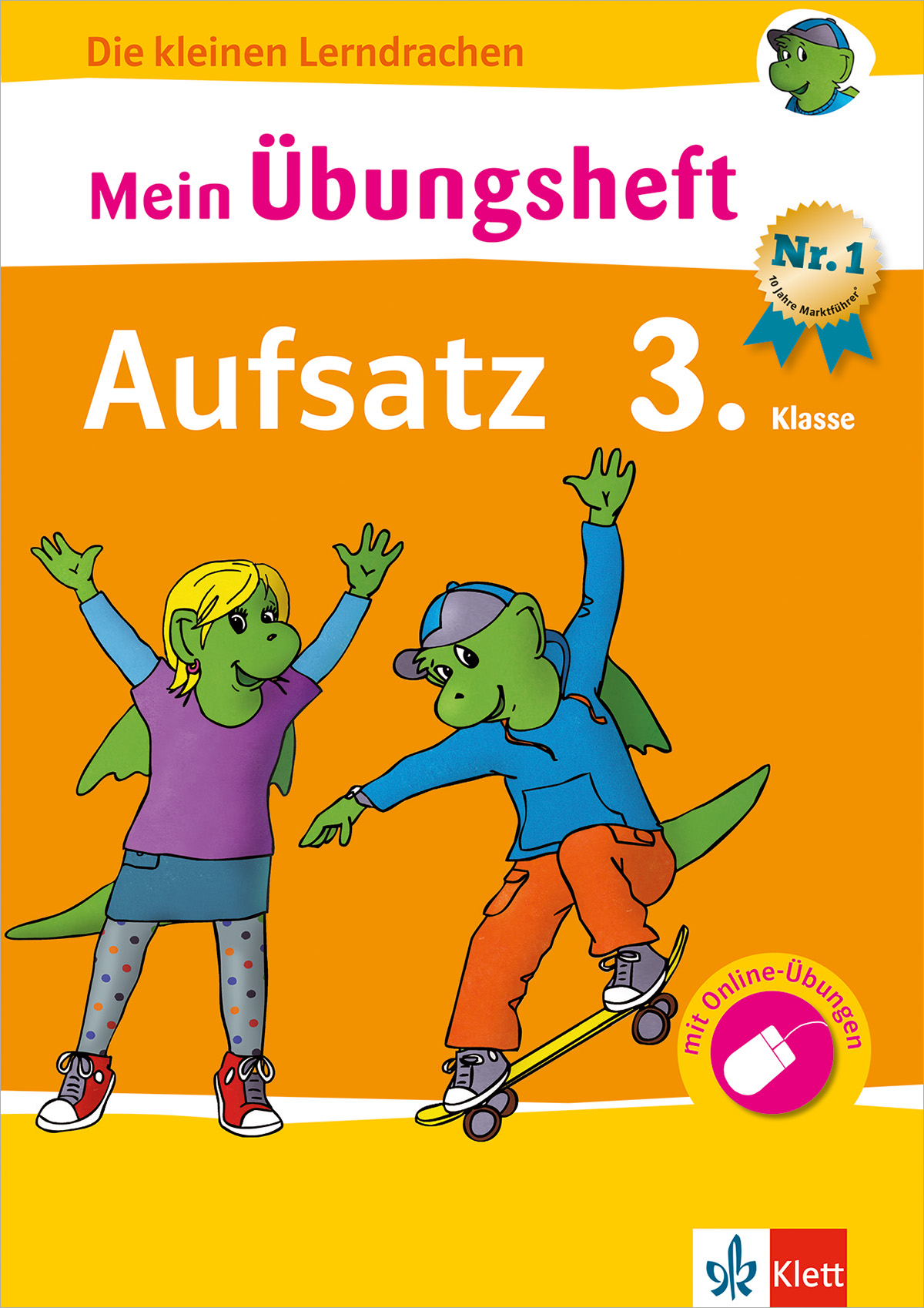 Umschlag eines deutschen Arbeitsbuchs mit dem Titel Mein Übungsheft Aufsatz 3. Klasse mit zwei Cartoon-Drachen, von denen einer einen Rock und der andere eine Hose trägt, die vor einem gelben Hintergrund winken.