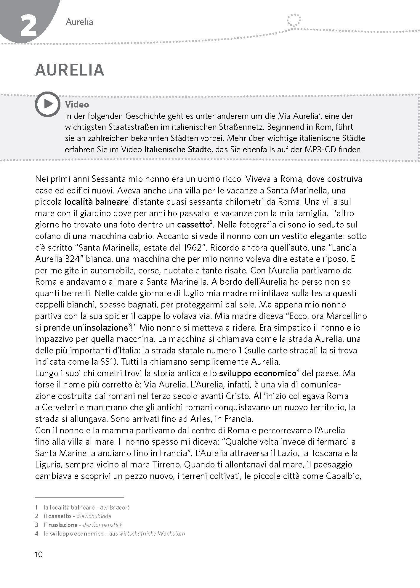 Eine Lehrbuchseite über Aurelia mit deutschem und italienischem Text, der das Gebiet und seine Bedeutung beschreibt, mit Abschnittsüberschriften und nummerierten Absätzen.