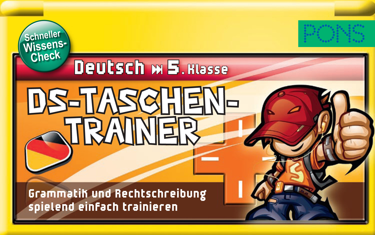 Cover eines Deutsch-Lernspiels namens DS-Taschen-Trainer für die 5. Klasse, mit einem Cartoon-Jungen, einer deutschen Flagge und einem pädagogischen Text.