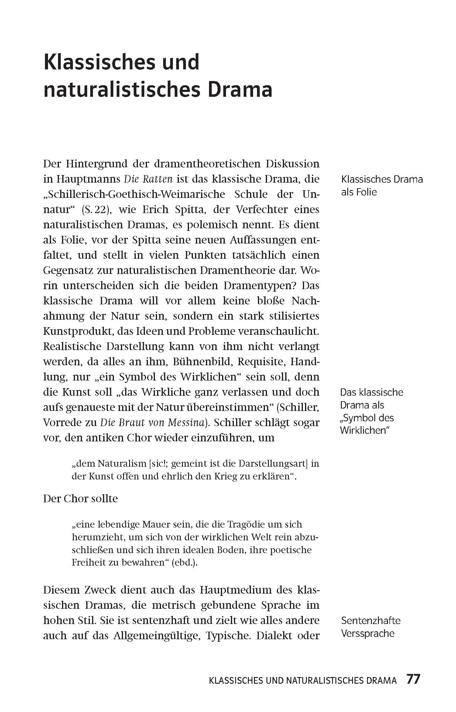 Eine Seite aus einem deutschen Lehrbuch über das klassische und naturalistische Drama, mit hervorgehobenen Begriffen, einer Seitenleiste und dichtem Text in einem zweispaltigen Layout.