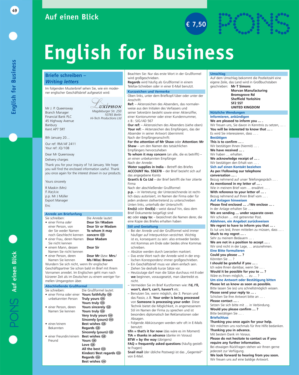 PONS English for Business auf einen Blick Ein Referenzblatt mit englischen Geschäftsbriefvorlagen, Vokabeln, Redewendungen und Übersetzungen für die Geschäftskorrespondenz, gegliedert in Spalten mit deutschen Erklärungen und Beispielen.