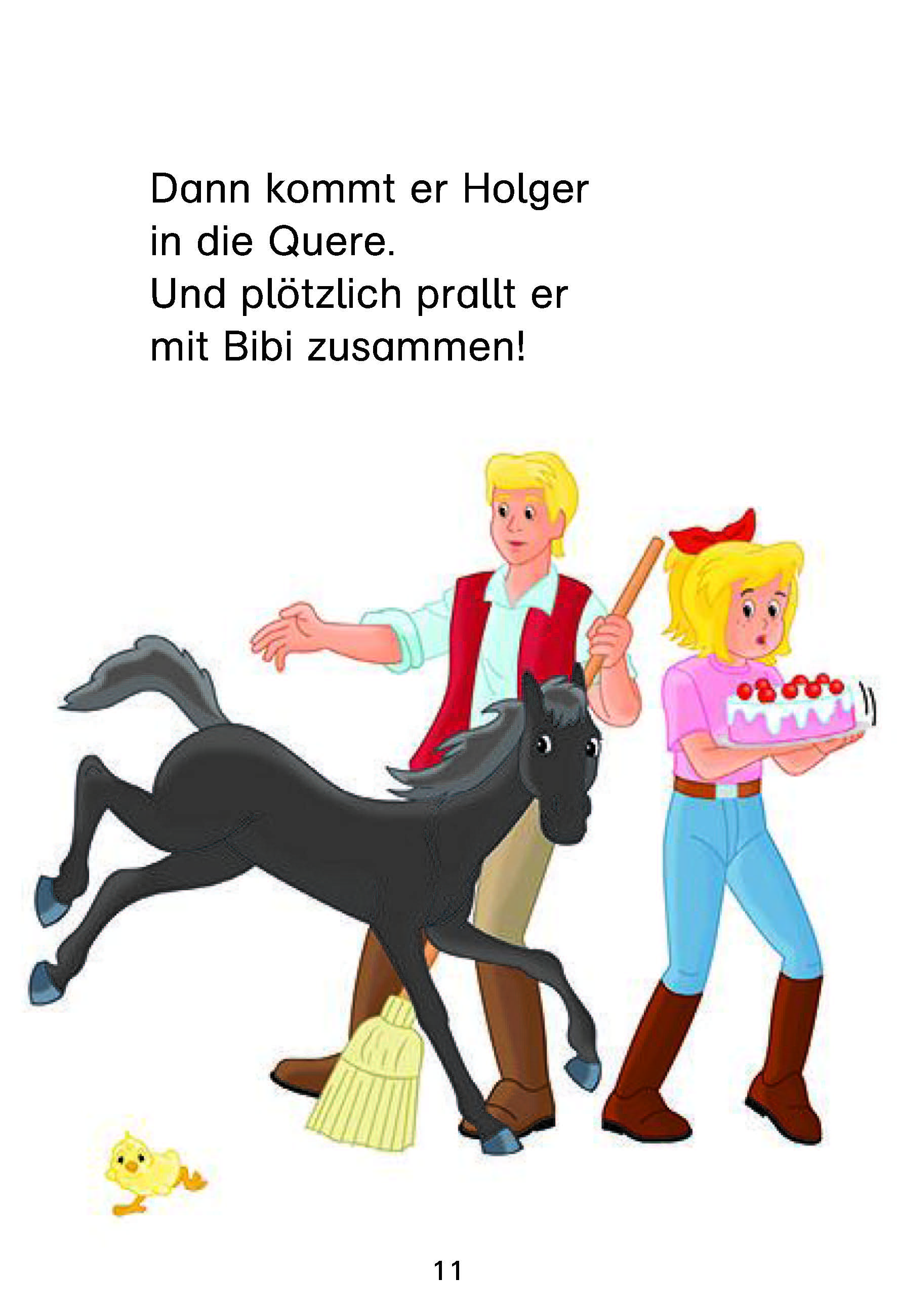 Ein Junge mit einem Besen und ein Mädchen, das einen Kuchen trägt, werden von einem schwarzen Pferd angerempelt; eine kleine gelbe Ente steht in der Nähe.