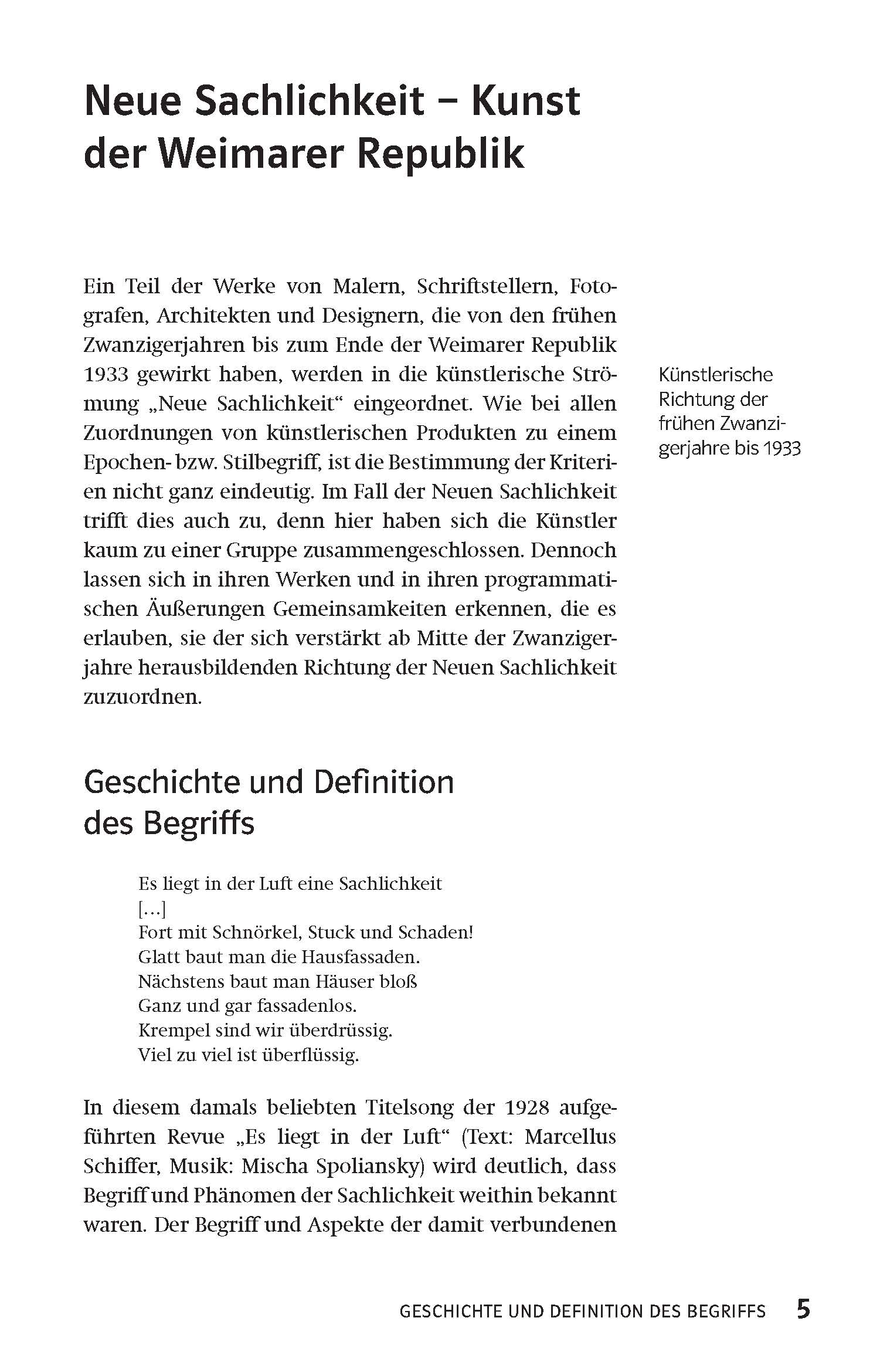 Eine Lehrbuchseite in deutscher Sprache behandelt die Kunst der Neuen Sachlichkeit in der Weimarer Republik, mit Textblöcken und einer hervorgehobenen Definition in der Seitenleiste. Die Seitenzahl 5 erscheint am unteren Rand.