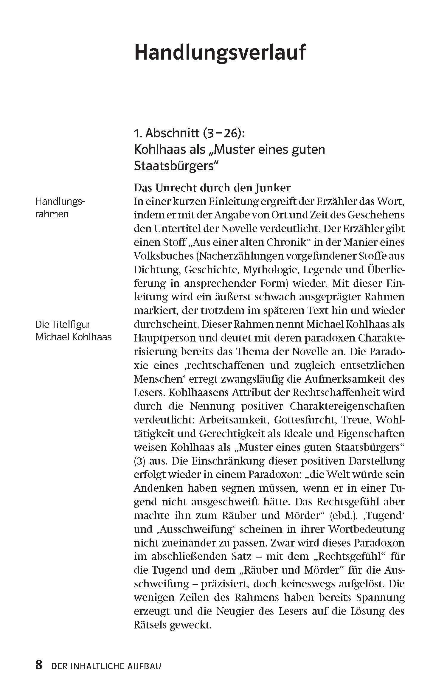 Eine Seite aus einem deutschen Buch skizziert die Handlungsstruktur von Michael Kohlhaas, wobei der erzählerische Rahmen und die Hauptthemen in schwarzer Schrift auf weißem Hintergrund dargestellt sind.