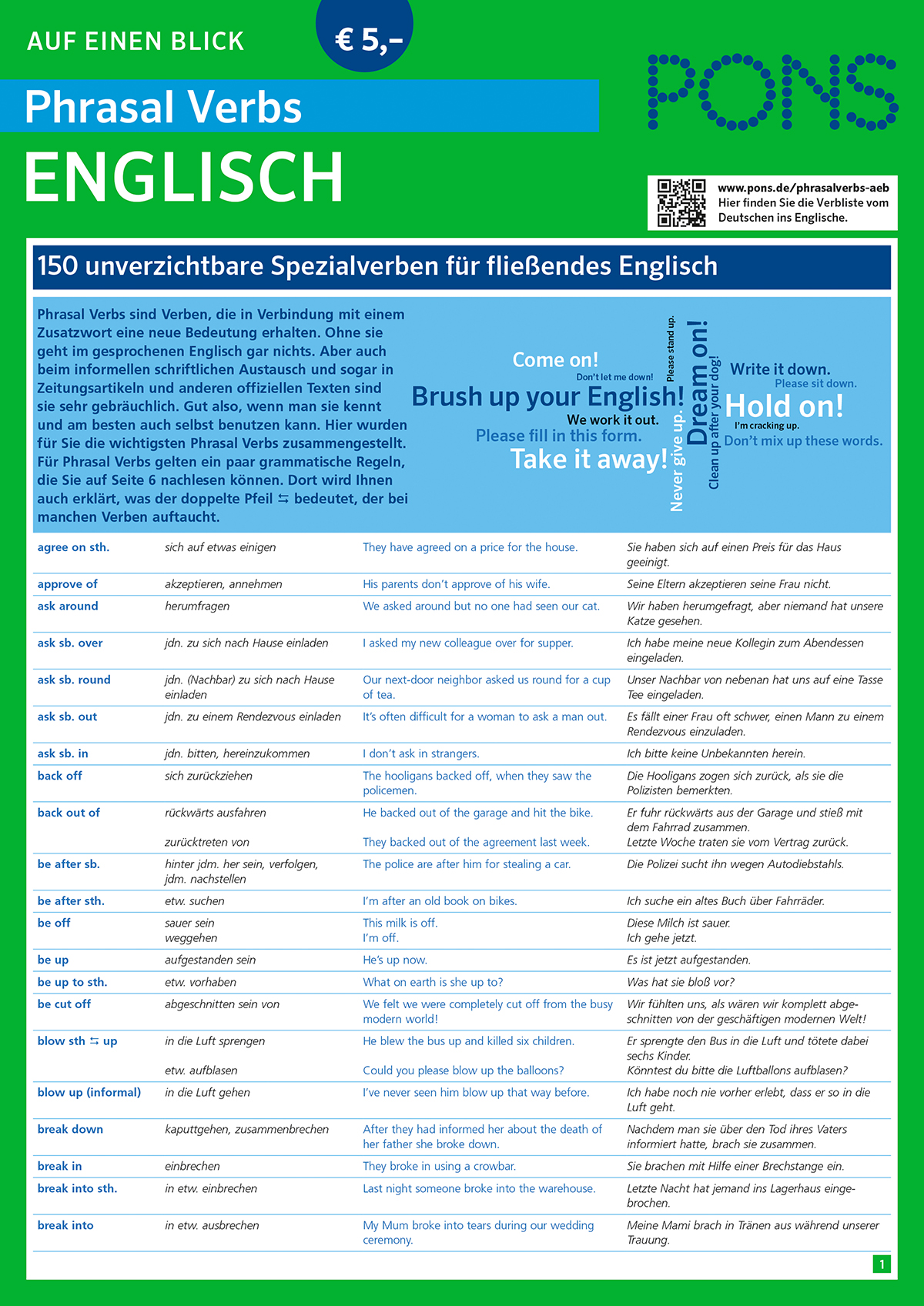 Eine deutsch-englische Lerntabelle listet 150 wichtige englische Phrasal Verbs mit deutschen Übersetzungen und Beispielsätzen auf, alphabetisch geordnet in einem blau-grünen Layout.