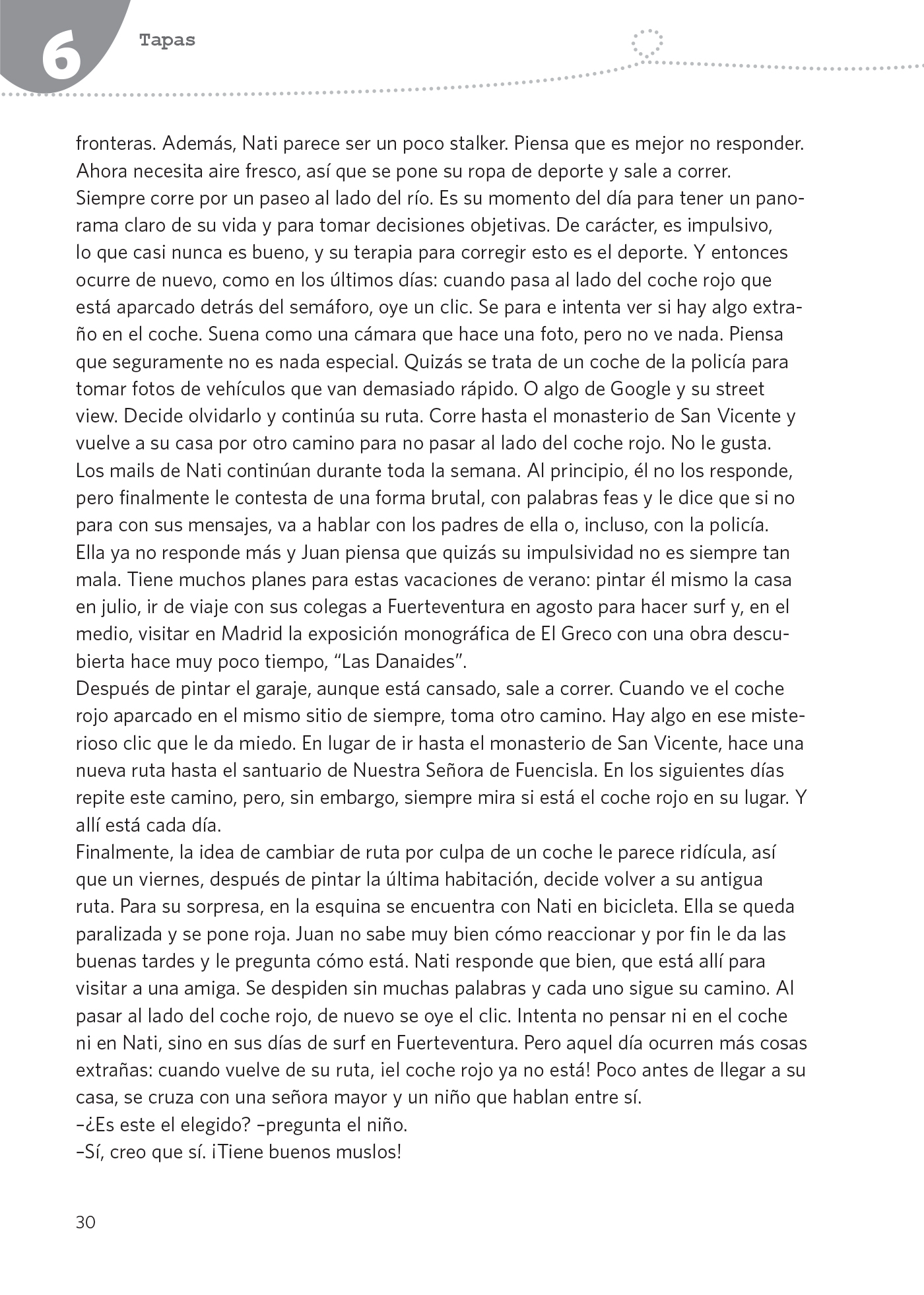 Eine Seite aus einem spanischen Buch mit der Überschrift 6 Tapas, einer kreisförmigen Abschnittsnummer und Textabschnitten, die Charaktereigenschaften und persönliche Erfahrungen behandeln. Unten steht die Seitenzahl 30.