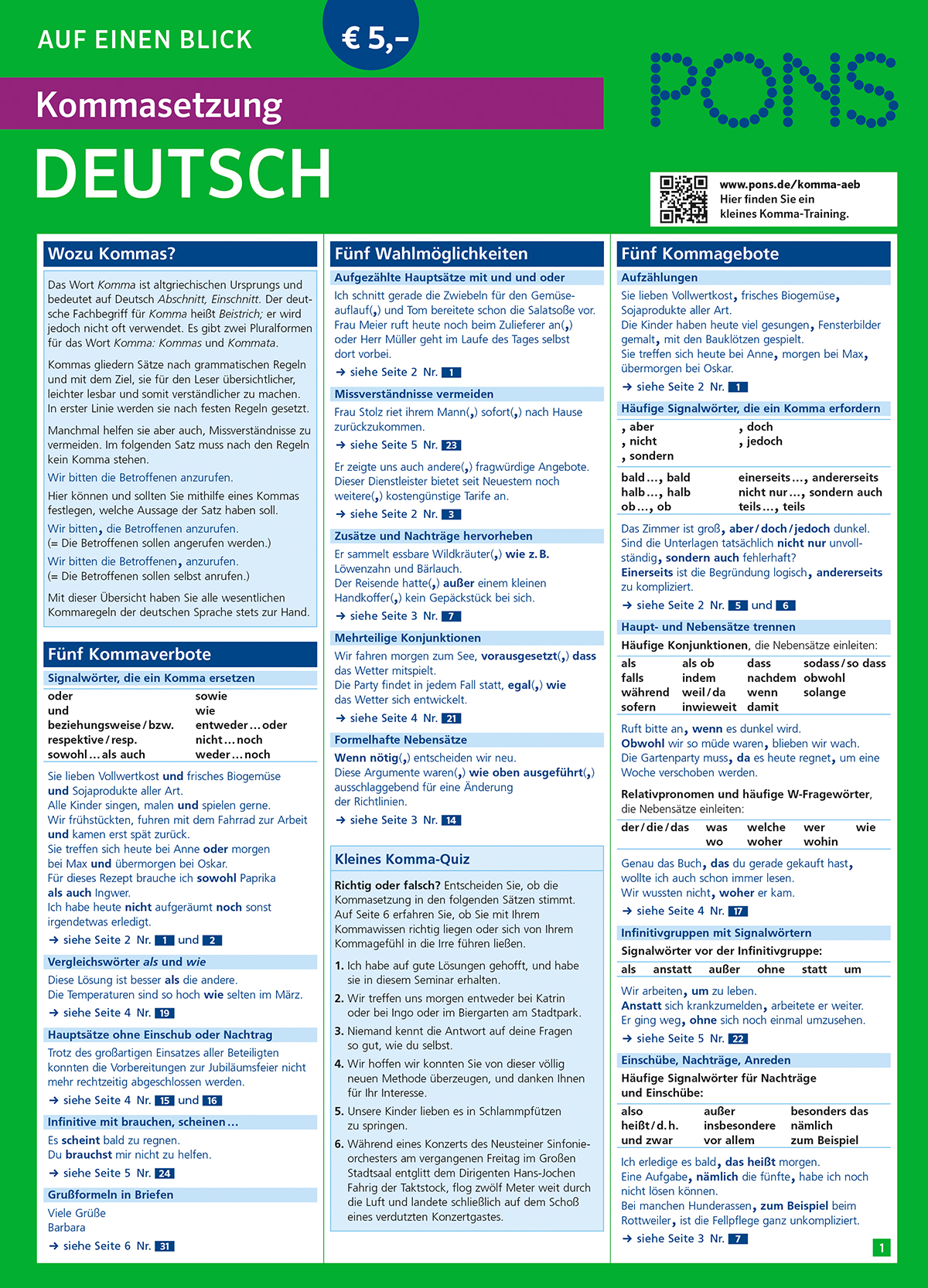 PONS Kommasetzung auf einen Blick Deutsch Ein deutschsprachiges Ratgeberposter erklärt den Gebrauch von Kommas, einschließlich Regeln, häufige Fehler, Tipps und ein Quiz, dargestellt in strukturierten Textfeldern auf grünem und blauem Hintergrund.