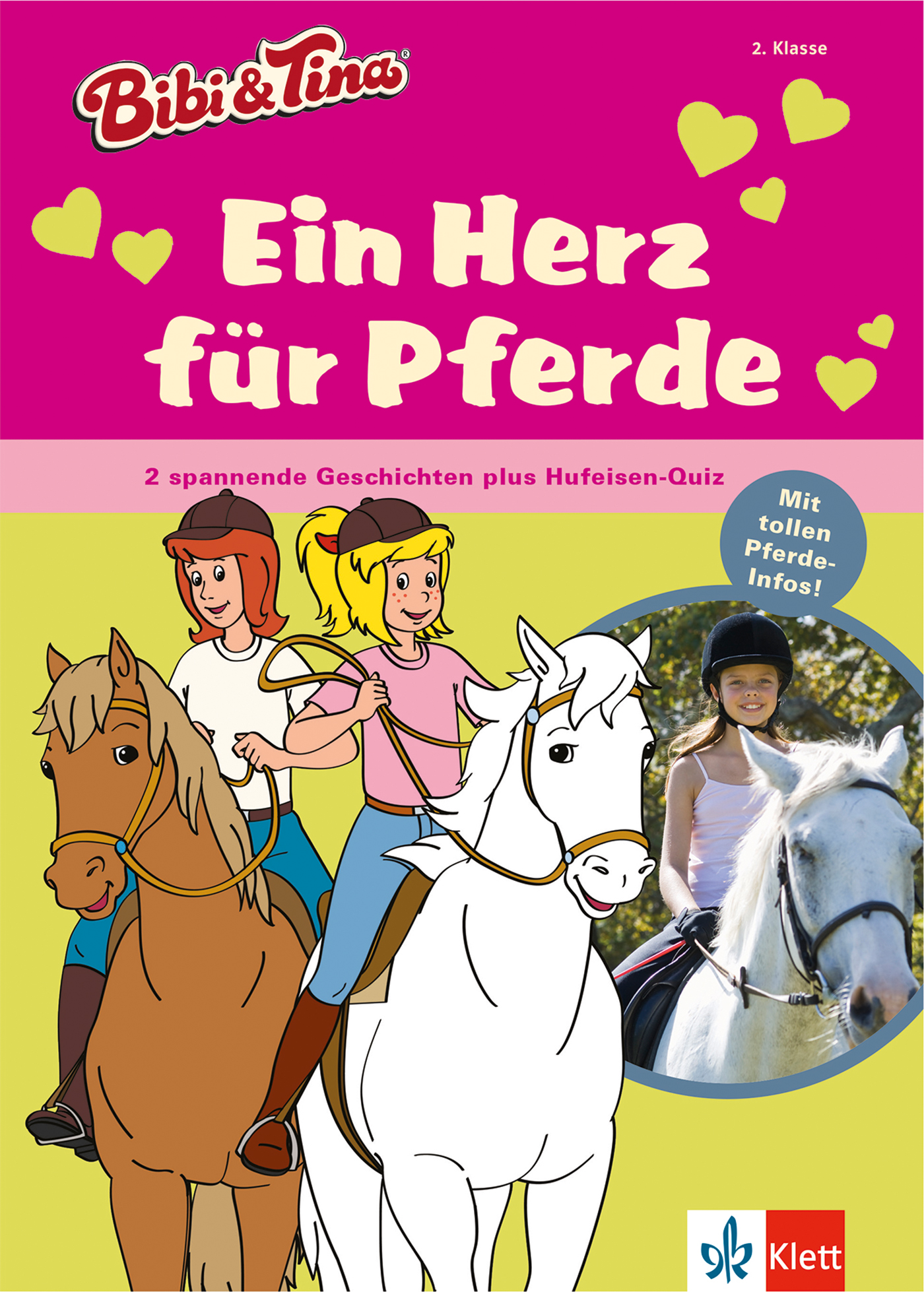 Das Buchcover zeigt zwei Cartoon-Mädchen, die auf Pferden reiten, mit dem Titel Ein Herz für Pferde. Ein eingefügtes Foto zeigt ein Mädchen auf einem Pferd. Der Umschlag enthält Herzen und einen Werbetext in deutscher Sprache.