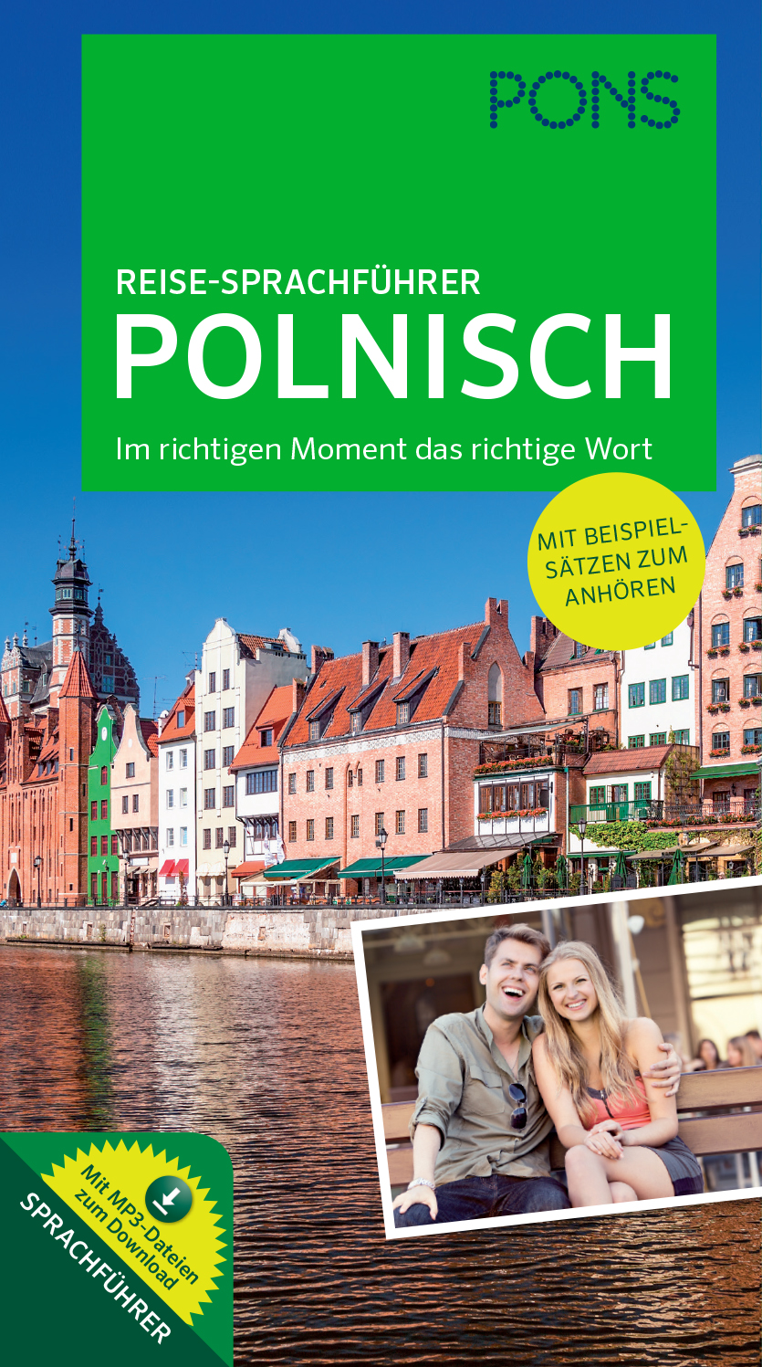 Umschlag eines deutsch-polnischen Reise-Sprachführers mit einer Stadtlandschaft am Fluss und einem lächelnden jungen Paar. Der Text enthält Beispielsätze zum Anhören und ein Mini-Wörterbuch.