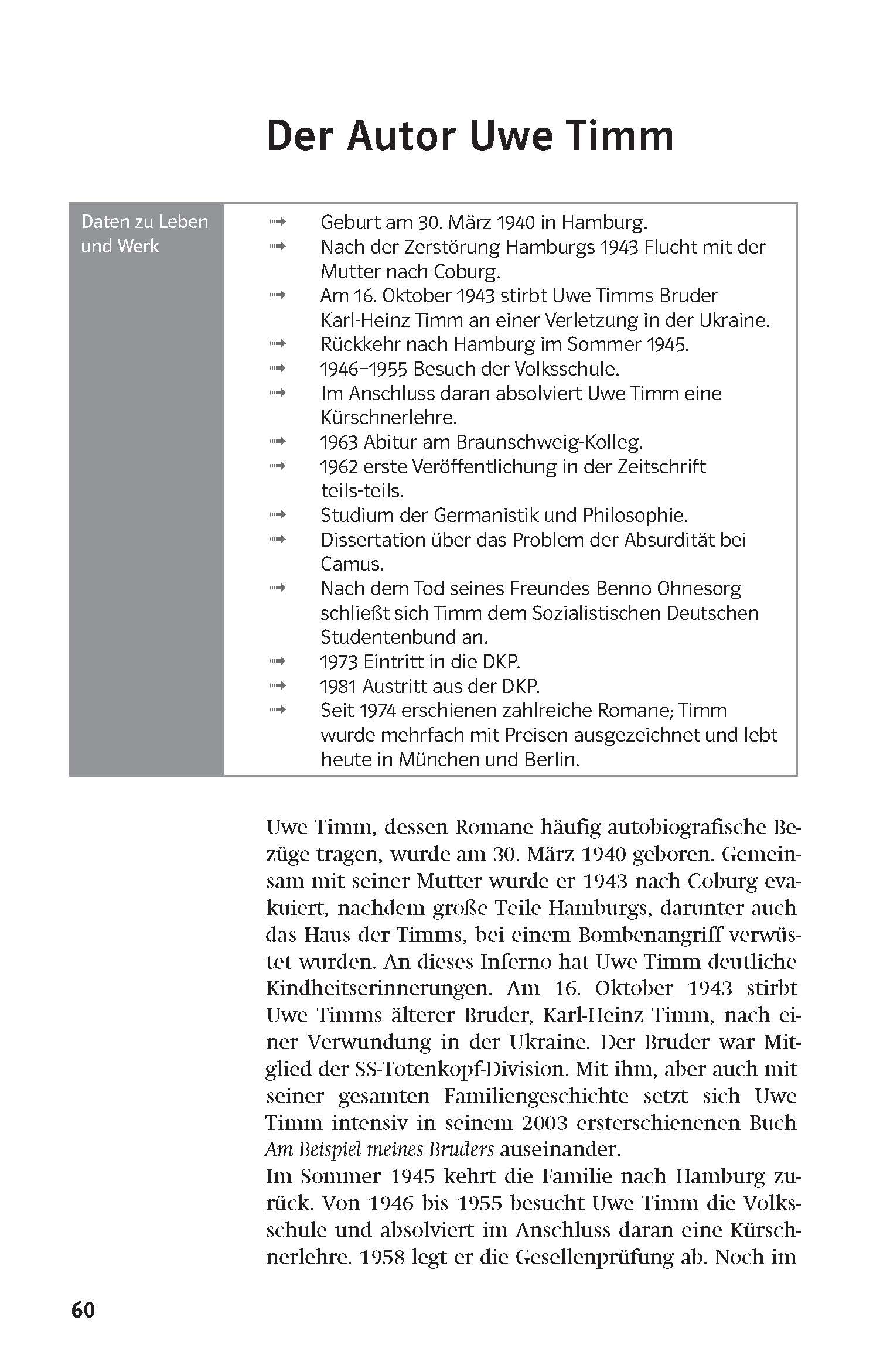 Eine deutsche Textseite mit dem Titel Der Autor Uwe Timm mit einer biografischen Auflistung von Ereignissen in Uwe Timms Leben auf der linken Seite und einer kurzen Zusammenfassung seiner schriftstellerischen Themen auf der unteren rechten Seite.