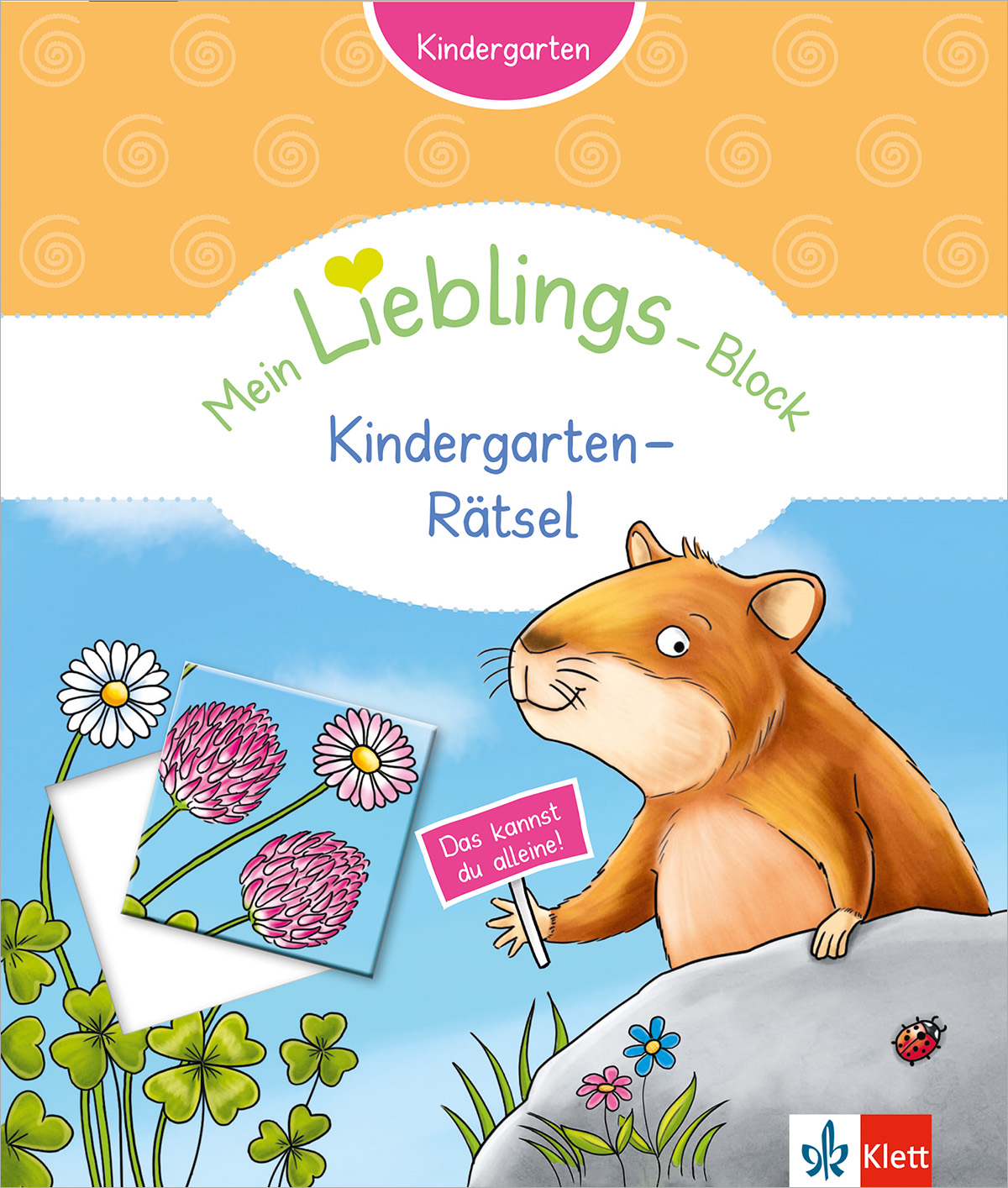 Ein Cartoon-Hamster steht auf einem Felsen neben Blumen und einer Karte mit dem deutschen Text Mein Lieblings-Block: Kindergarten-Rätsel auf einem farbenfrohen Arbeitsbuchdeckel.
