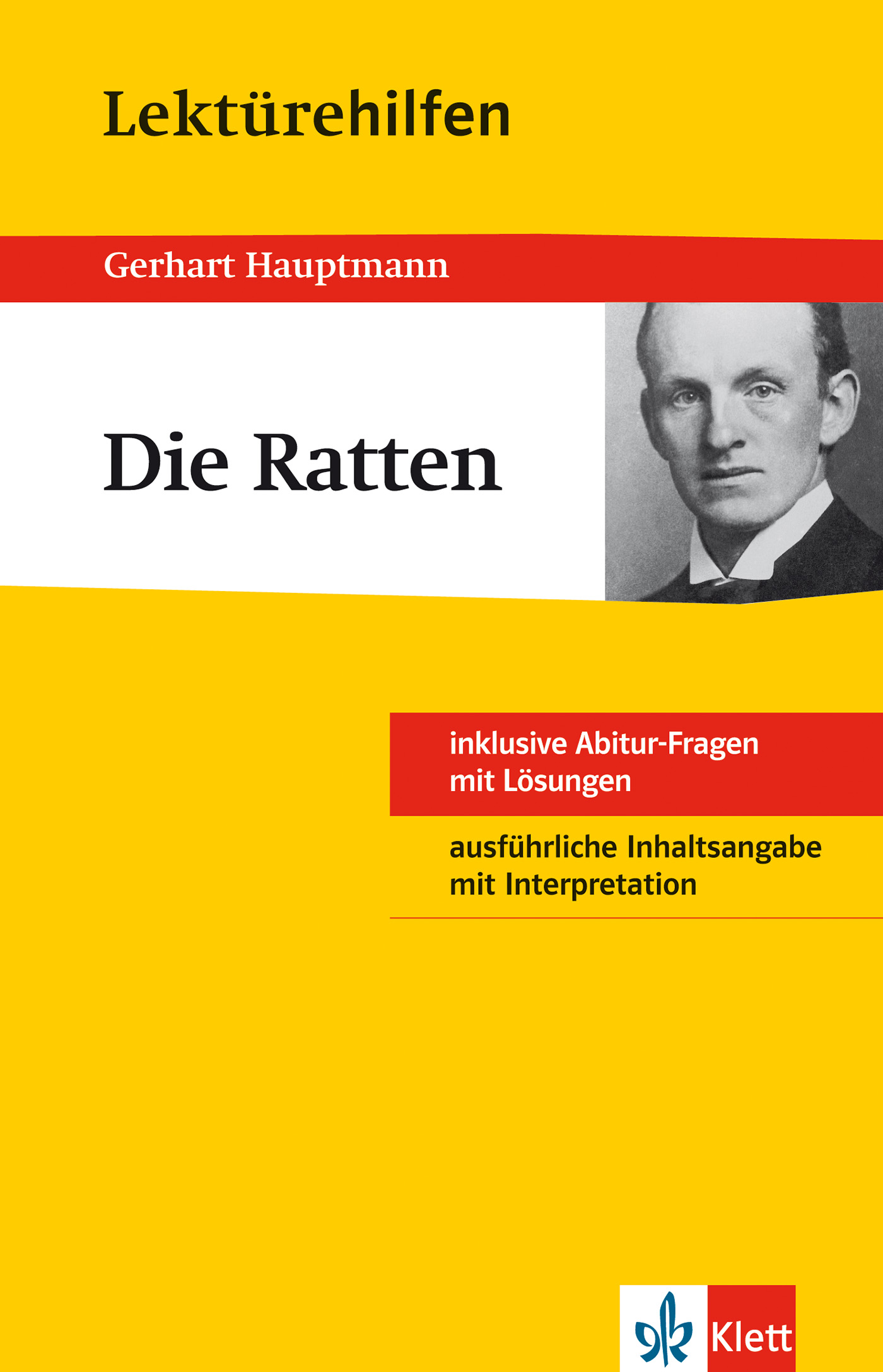 Buchumschlag von Die Ratten von Gerhart Hauptmann mit einem Schwarz-Weiß-Porträt des Autors und Informationen über Studienhilfen und Interpretationen.