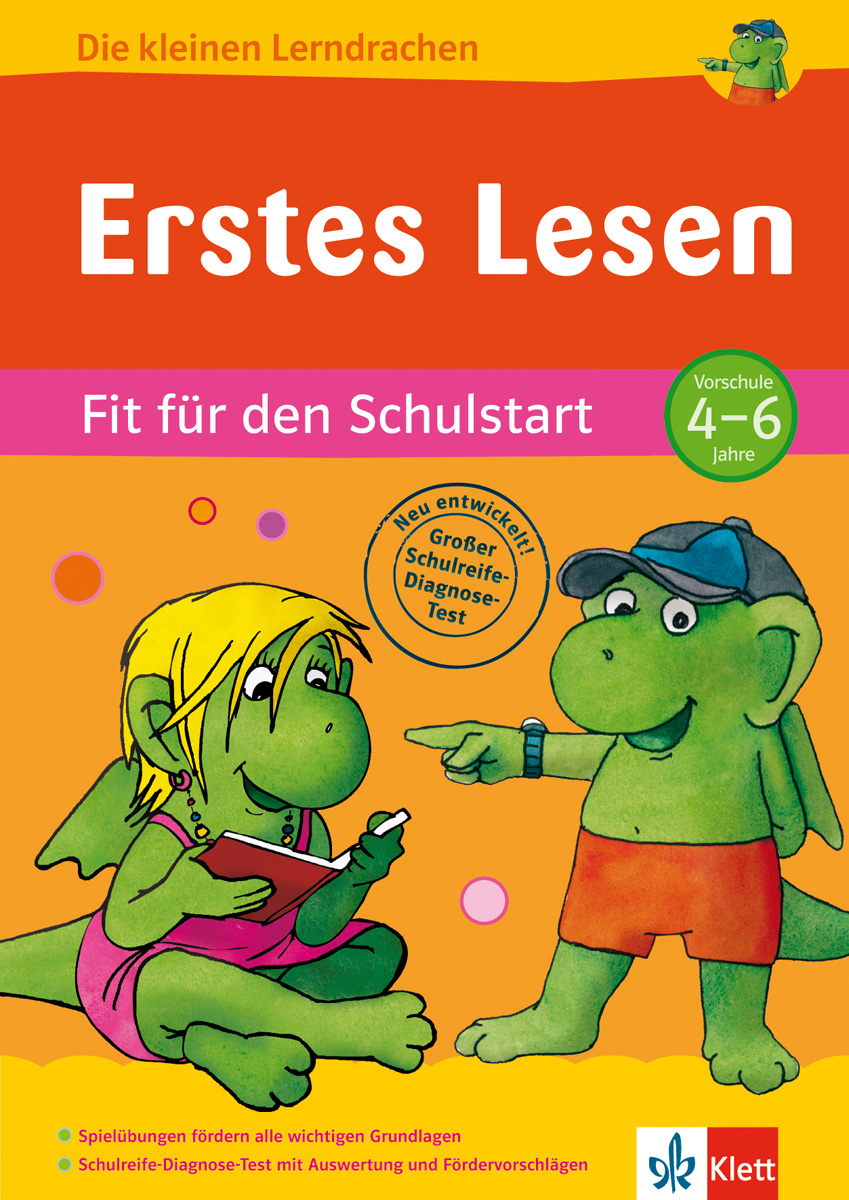 Das Buchcover zeigt zwei grüne Cartoon-Drachen, einer in einem gelben Kleid und der andere in roten Shorts, unter dem Titel Erstes Lesen für Vorschulkinder im Alter von 4-6 Jahren.