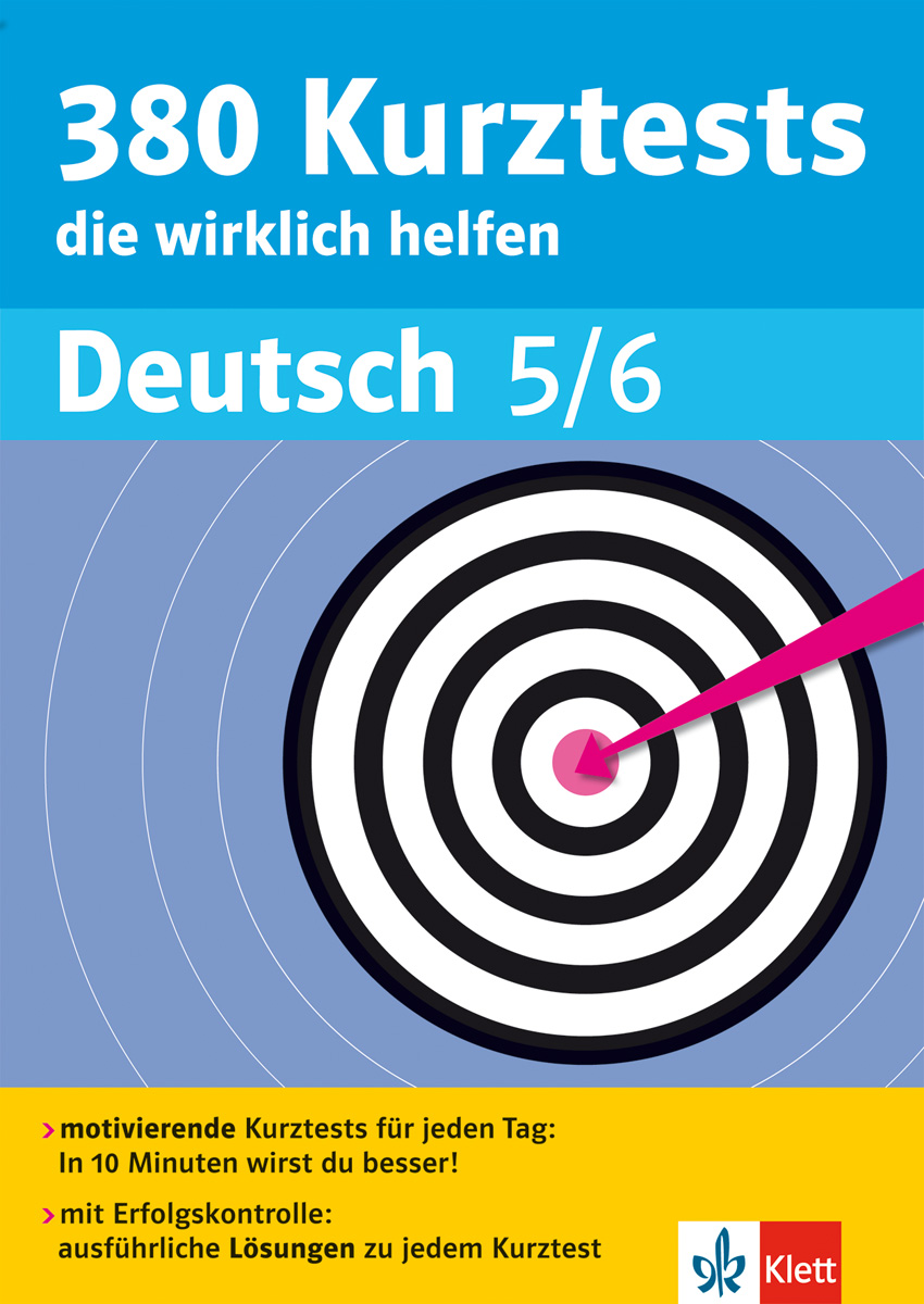 Das Cover des Buches 380 Kurztests Deutsch 5/6 zeigt eine Dartscheibe mit einem rosafarbenen Dartpfeil im Bullseye und einen Werbetext, der den Lernnutzen hervorhebt.