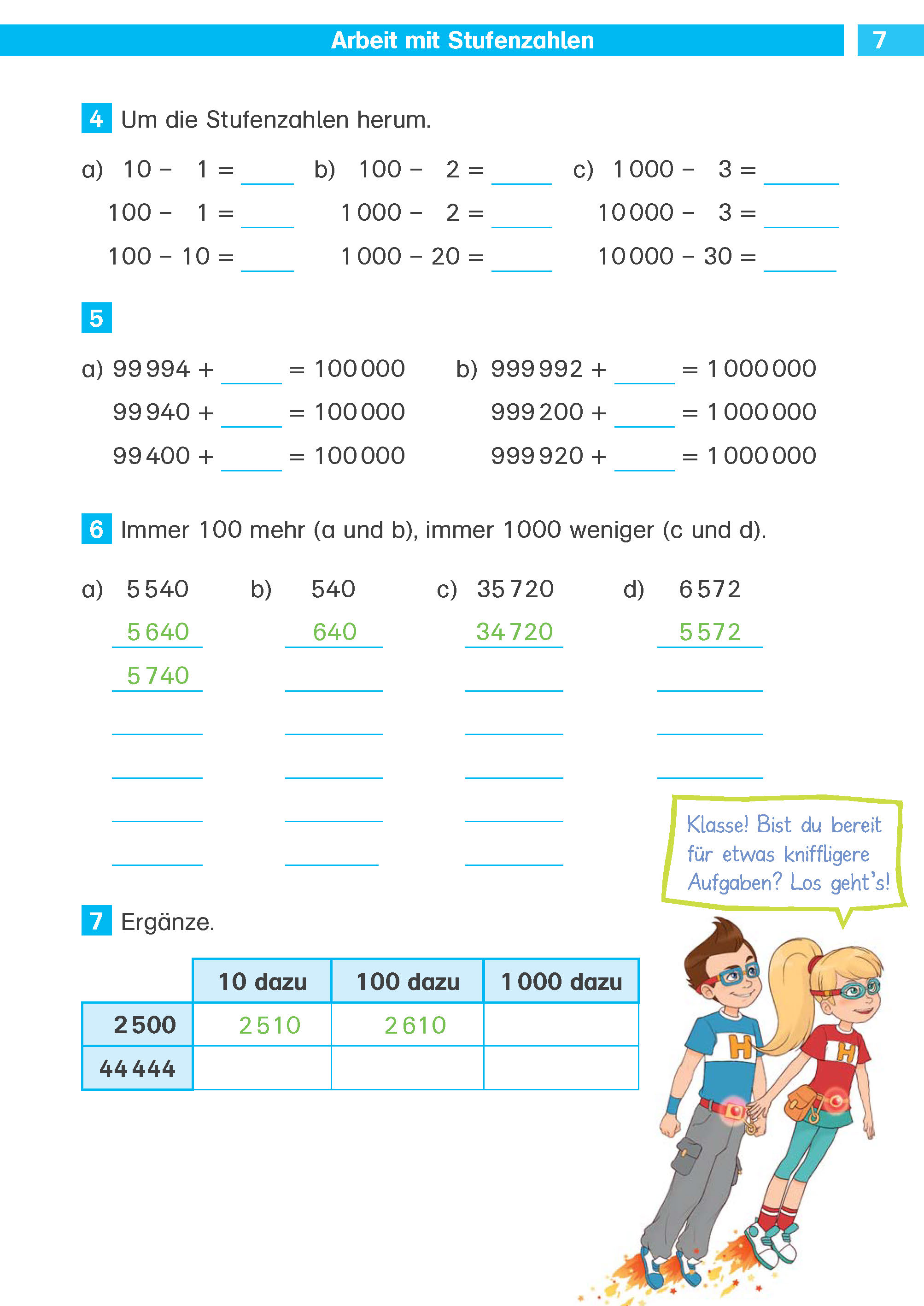 Klett Die Mathe-Helden: Rechnen bis 1 Million,  4. Klasse Ein deutsches Mathe-Arbeitsblatt für Kinder mit Übungen zur Addition und Subtraktion von Tausendern, Fragen zum Ausfüllen und Cartoon-Superhelden in der unteren rechten Ecke.