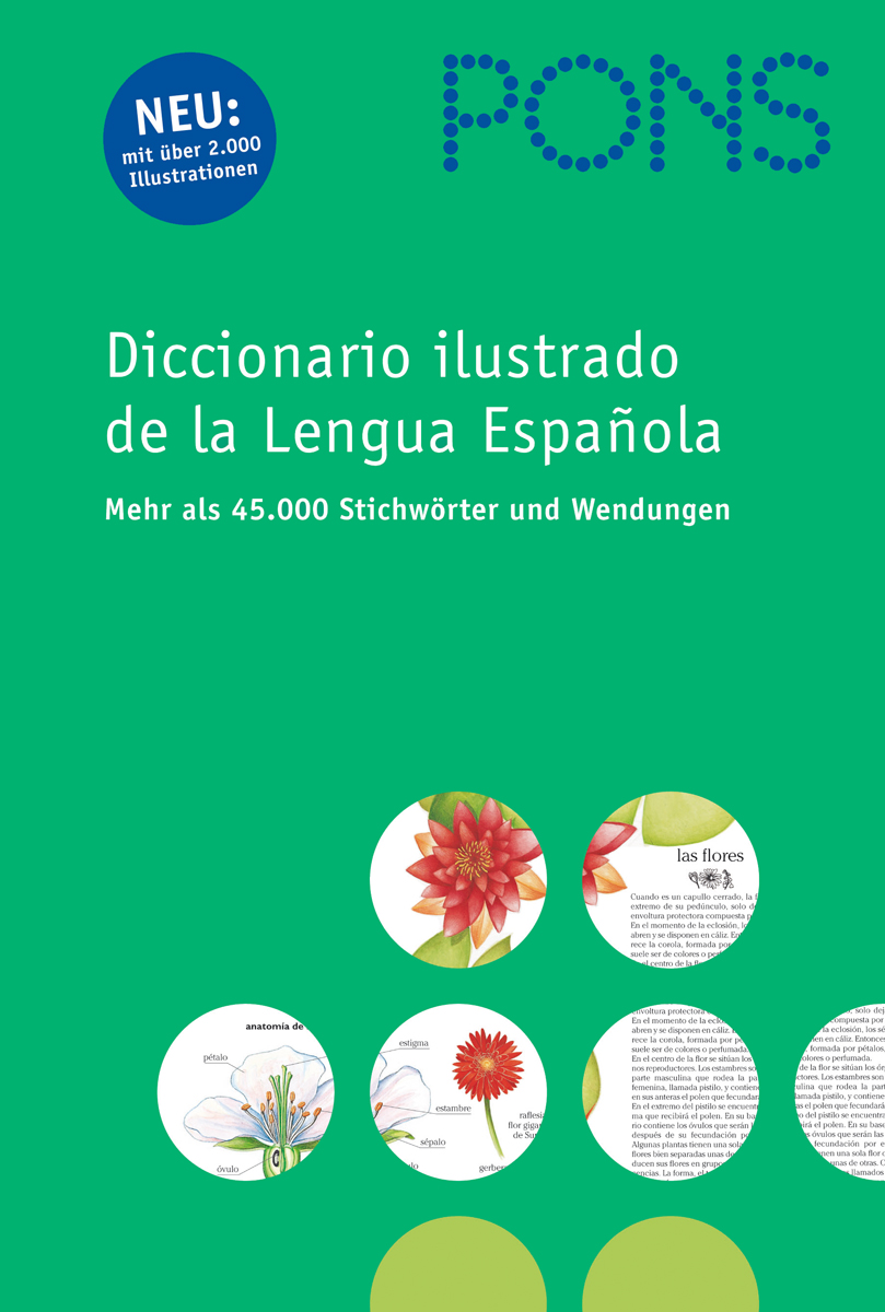 Umschlag eines spanischen illustrierten Wörterbuchs von PONS mit botanischen Illustrationen und Texten in Deutsch und Spanisch, die den Inhalt beschreiben.