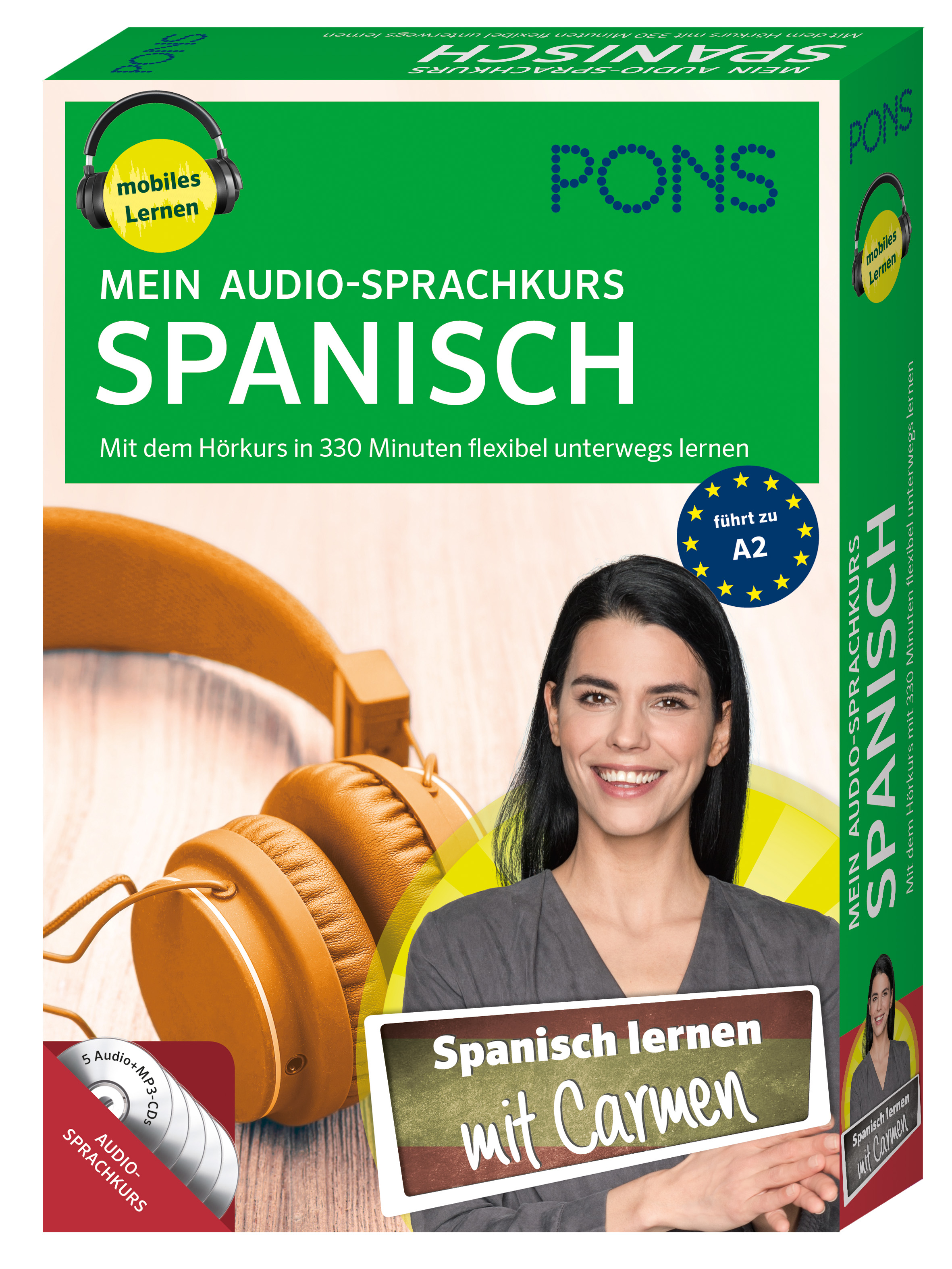 Schachtel für einen spanischen Audio-Sprachkurs mit dem Titel Mein Audio-Sprachkurs Spanisch von PONS, mit Kopfhörern und einer lächelnden Frau auf dem Cover.