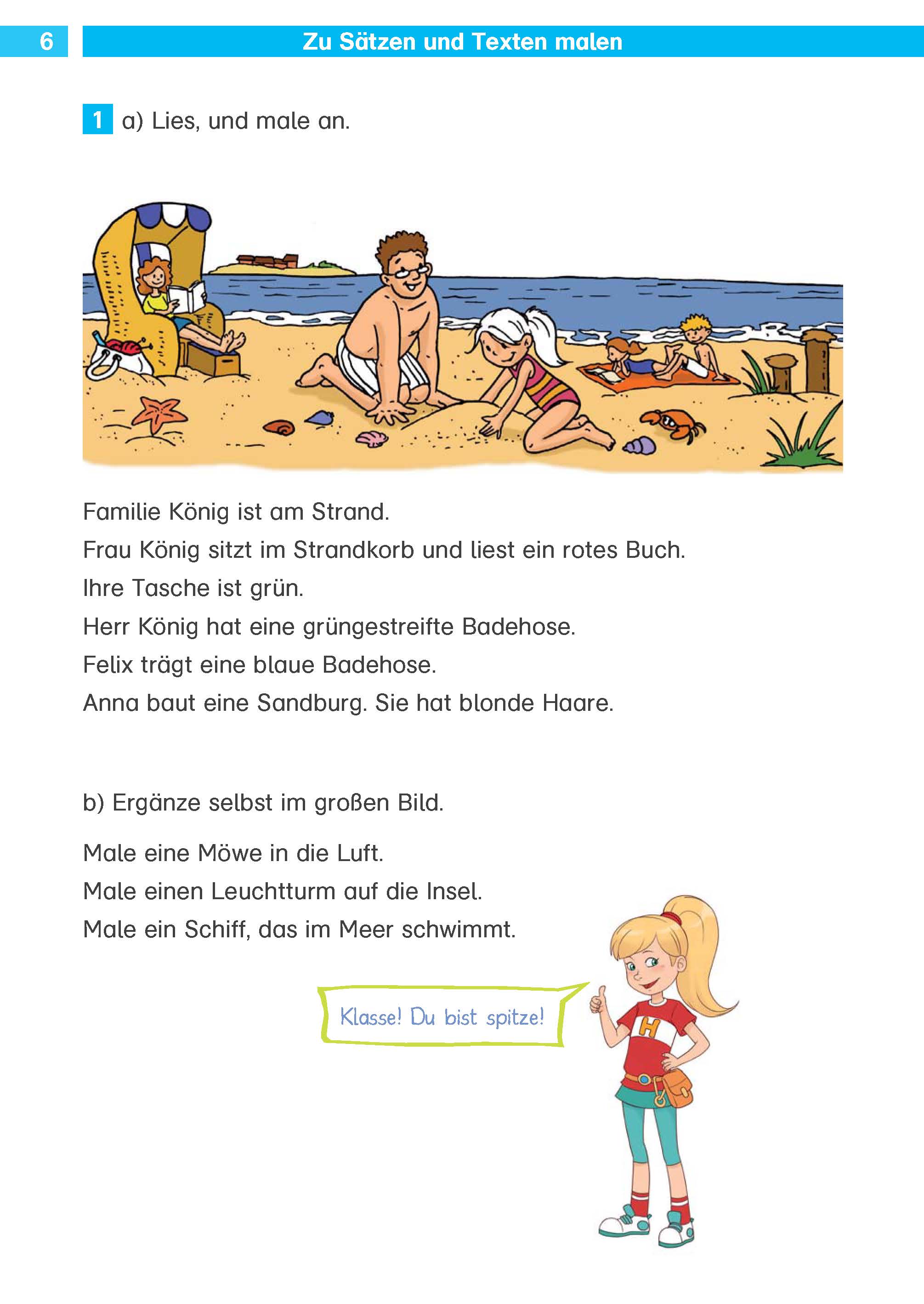 Eine Familie sitzt am Strand mit Sandspielzeug und einer Sandburg. Eine Frau mit rotem Badeanzug und ein Mann mit grüner Badehose sind mit zwei Kindern unterwegs. Ein Mädchen steht vorne und hält einen Buntstift in der Hand.