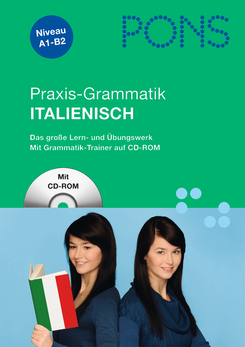 Umschlag eines deutsch-italienischen Grammatikbuchs mit dem Titel Praxis-Grammatik Italienisch mit einer Frau, die eine italienische Flagge hält, und einem CD-ROM-Bild.