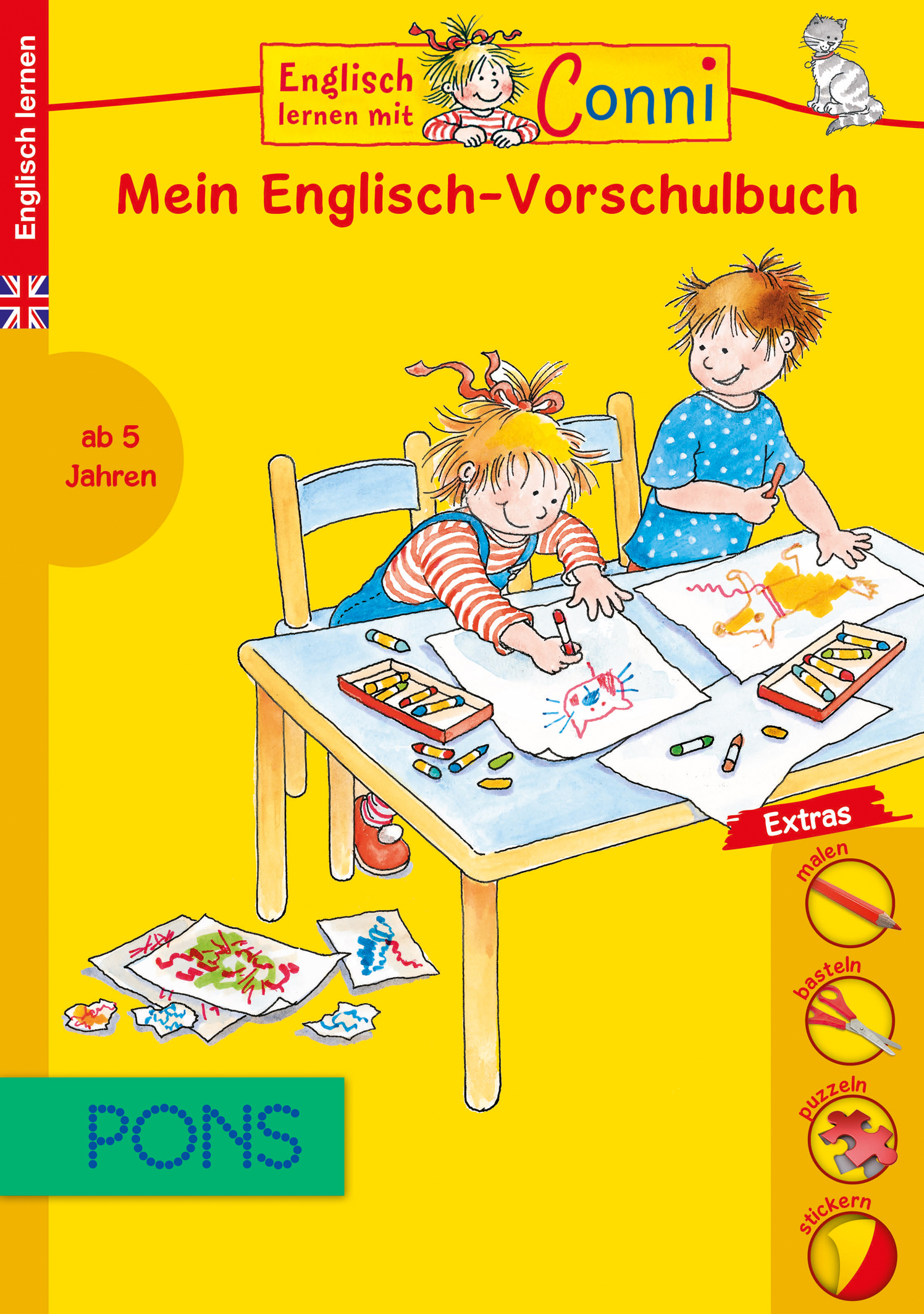 Conni Mein Englisch-Vorschulbuch Das Buchcover zeigt zwei Kinder, die an einem Tisch mit Malutensilien zeichnen. Der Titel lautet Mein Englisch-Vorschulbuch und zeigt die Figur Conni. Der Einband ist leuchtend gelb mit roten Akzenten.