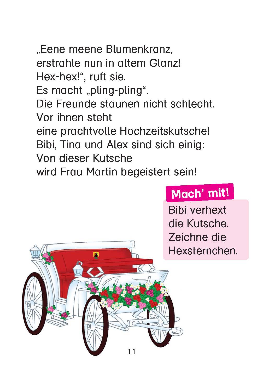 Illustration einer geschmückten weißen Hochzeitskutsche mit roten Rädern und Blumen; der deutsche Text darüber beschreibt die Szene und enthält eine rosa Schachtel mit Zeichenanweisungen.