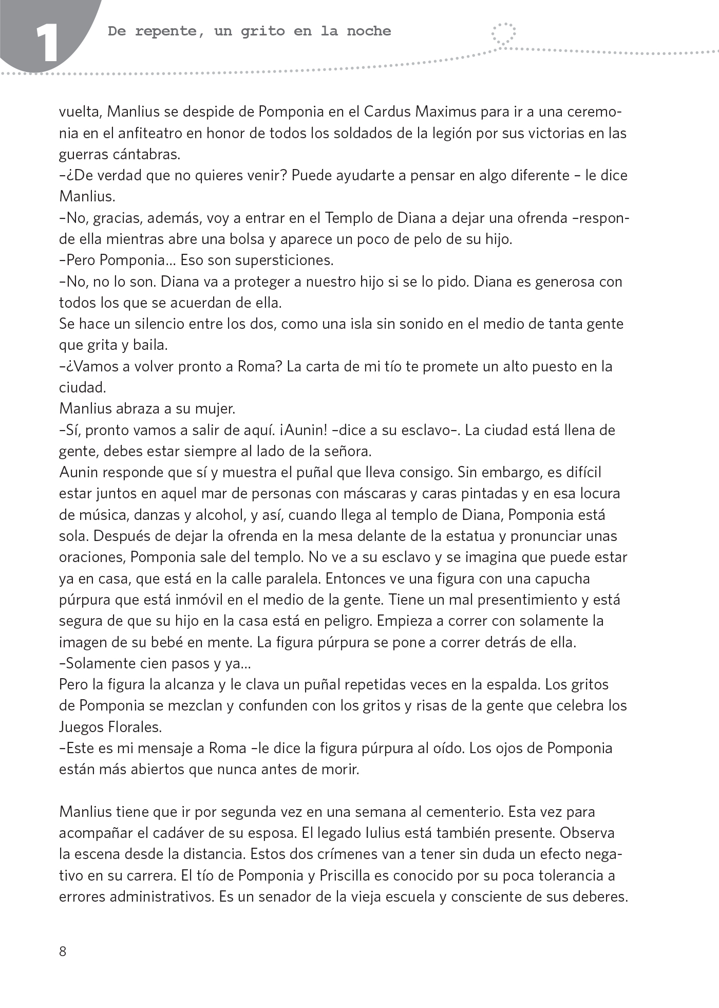 Eine Seite aus einem spanischsprachigen Buch mit erzählendem Text und Dialog zwischen den Figuren Pomponia und Manlius, die über Aberglauben und ein Tempelopfer sprechen. Die Seitenzahl 8 ist am unteren Rand zu sehen.