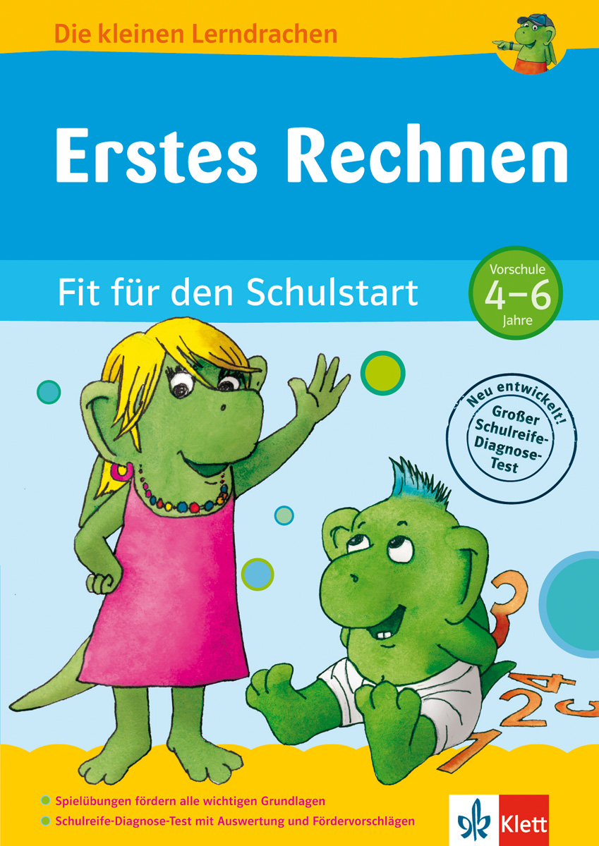 Klett Konzentration Zwei Cartoon-Drachen, ein stehender und ein sitzender, erscheinen auf dem Cover eines deutschen Lehrbuchs mit dem Titel Erstes Rechnen für Kinder im Alter von 4-6 Jahren.