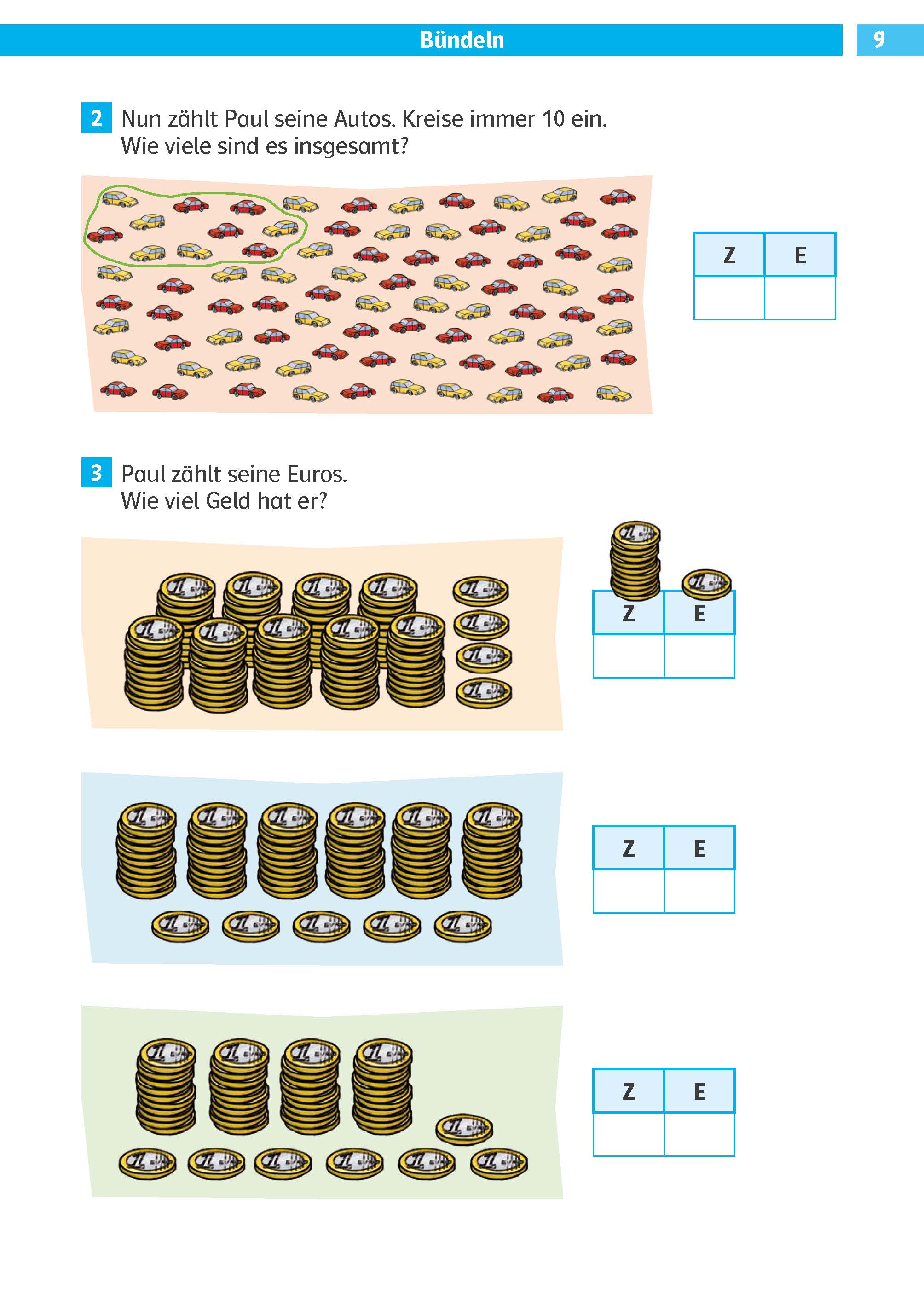 Ein Arbeitsblatt mit Gruppen von Spielzeugautos und Stapeln von Münzen, die die Kinder zählen sollen, mit Kästchen zum Aufschreiben der Summen. Die Anleitung ist auf Deutsch.