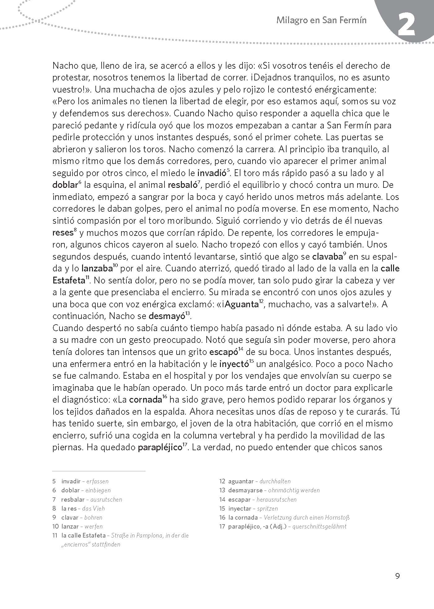 Eine Seite aus einem spanischen Buch mit dem Titel Milagro en San Fermín, mit Text in Absatzform und einer Seitentafel mit der Seitenzahl 2.