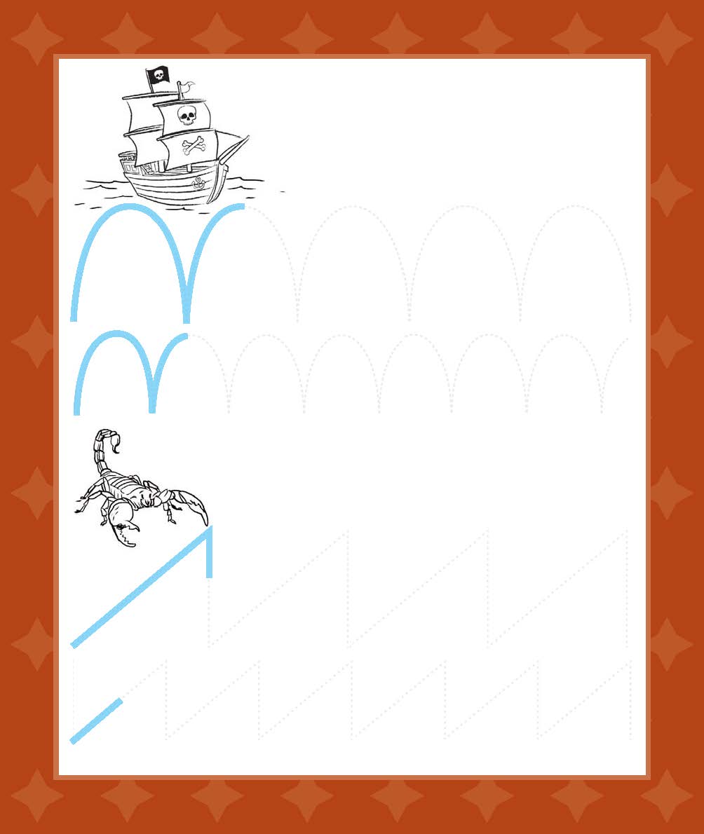 Oben links ist ein Piratenschiff auf dem Wasser zu sehen, unten links führen blaue geschwungene Linien zu einem Skorpion. Die Seite hat einen roten Rand mit Sternenmustern.