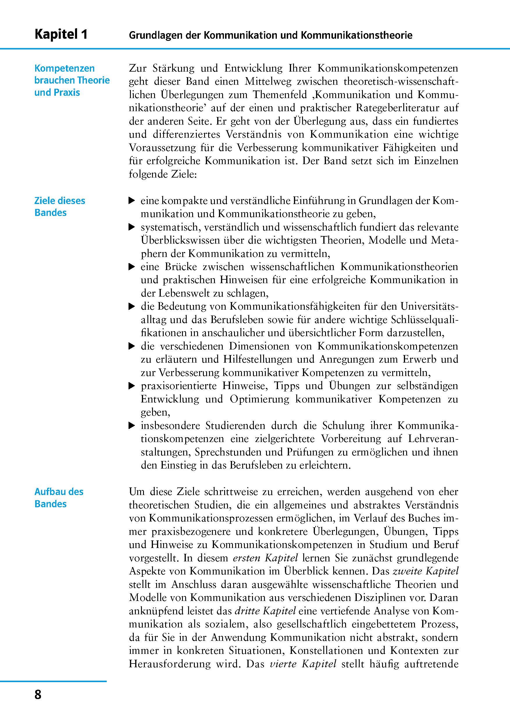 Eine deutschsprachige Lehrbuchseite mit dem Titel Grundlagen der Kommunikation und Kommunikationstheorie, mit strukturierten Überschriften und einem dichten Text, der die Kommunikationstheorie behandelt.