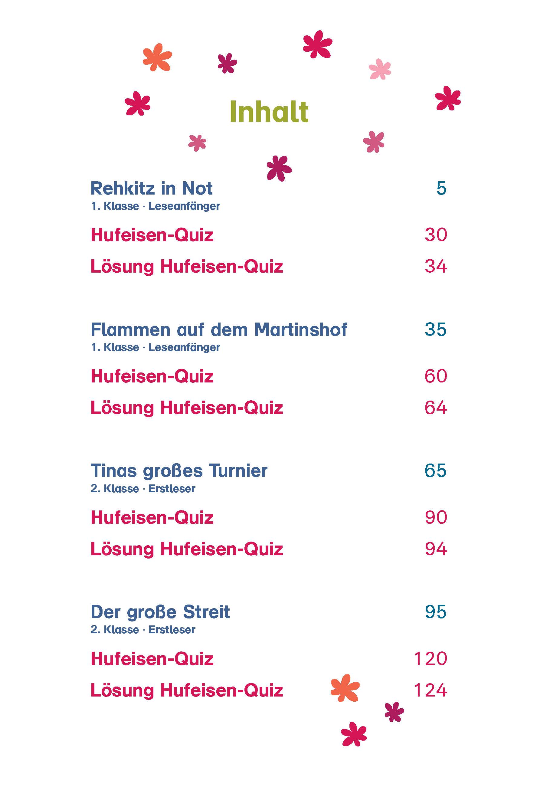 Inhaltsverzeichnis mit vier Hauptabschnitten, die jeweils Seitenzahlen für eine Geschichte und entsprechende Quizfragen enthalten, verziert mit kleinen Blumenillustrationen.