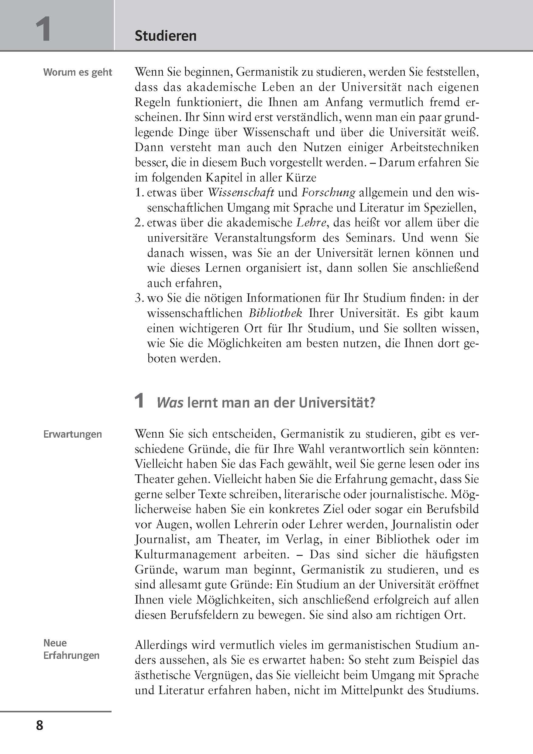 Eine Lehrbuchseite mit dem Titel Studieren mit nummerierten Abschnitten, die erklären, was im folgenden Kapitel behandelt wird, einschließlich Wissenschaft, Forschung und akademische Techniken.