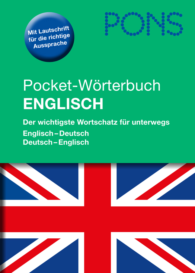 Umschlag eines englischen Taschenwörterbuchs von PONS mit britischer Flagge und deutschem Text, der es als kompaktes Englisch-Deutsch- und Deutsch-Englisch-Wörterbuch beschreibt.