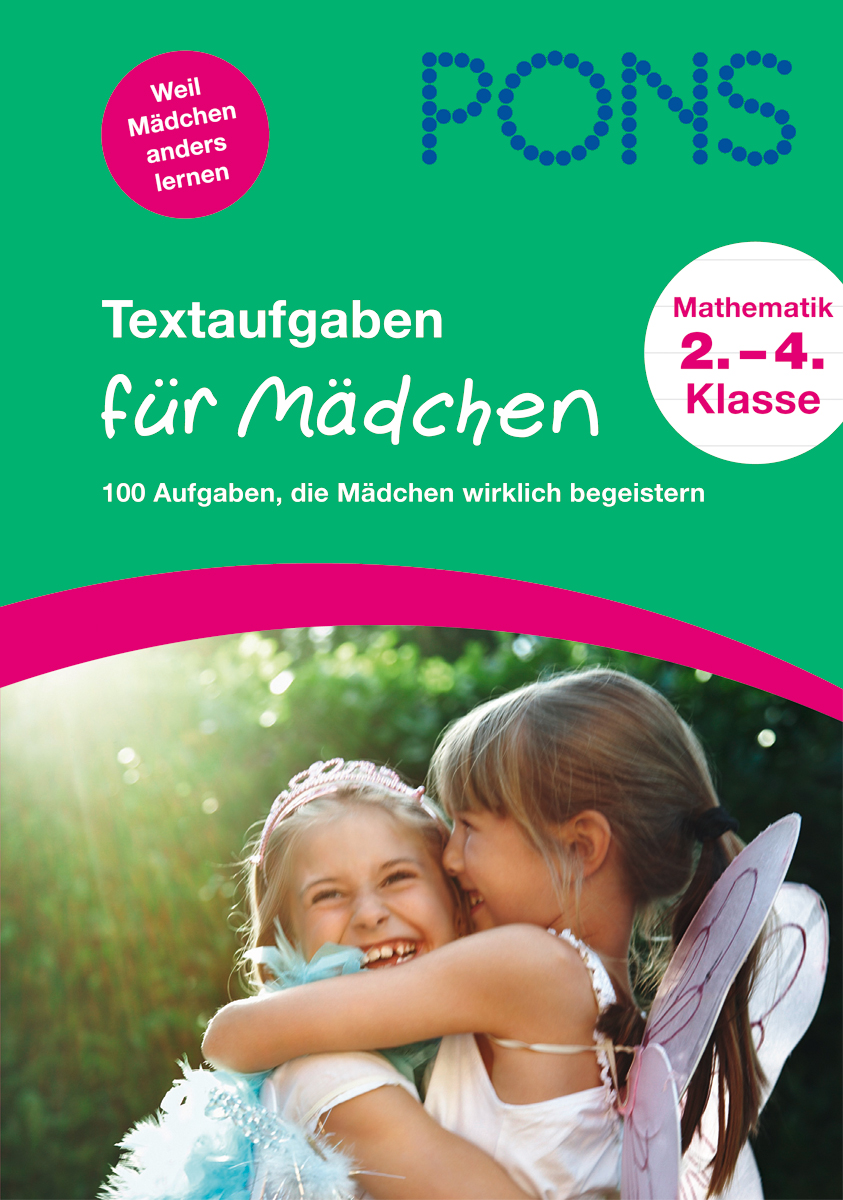 PONS Textaufgaben für Mädchen 2.-4. Klasse Zwei junge Mädchen in Kostümen umarmen sich und lächeln im Freien. Das Bild befindet sich auf dem Umschlag eines deutschen Mathe-Arbeitsheftes für Mädchen der Klassen 2 bis 4.