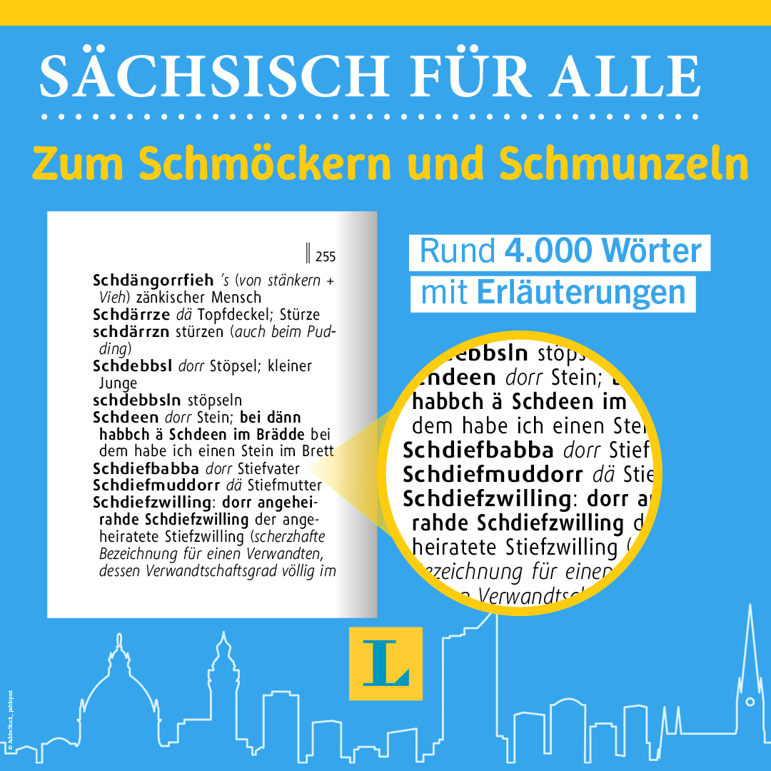 Abgebildet ist eine Seite aus einem sächsischen Dialektwörterbuch, auf der ausgewählte Wörter und Definitionen hervorgehoben sind; das Bild wirbt für ein Buch, das etwa 4.000 Wörter mit Erklärungen enthält.