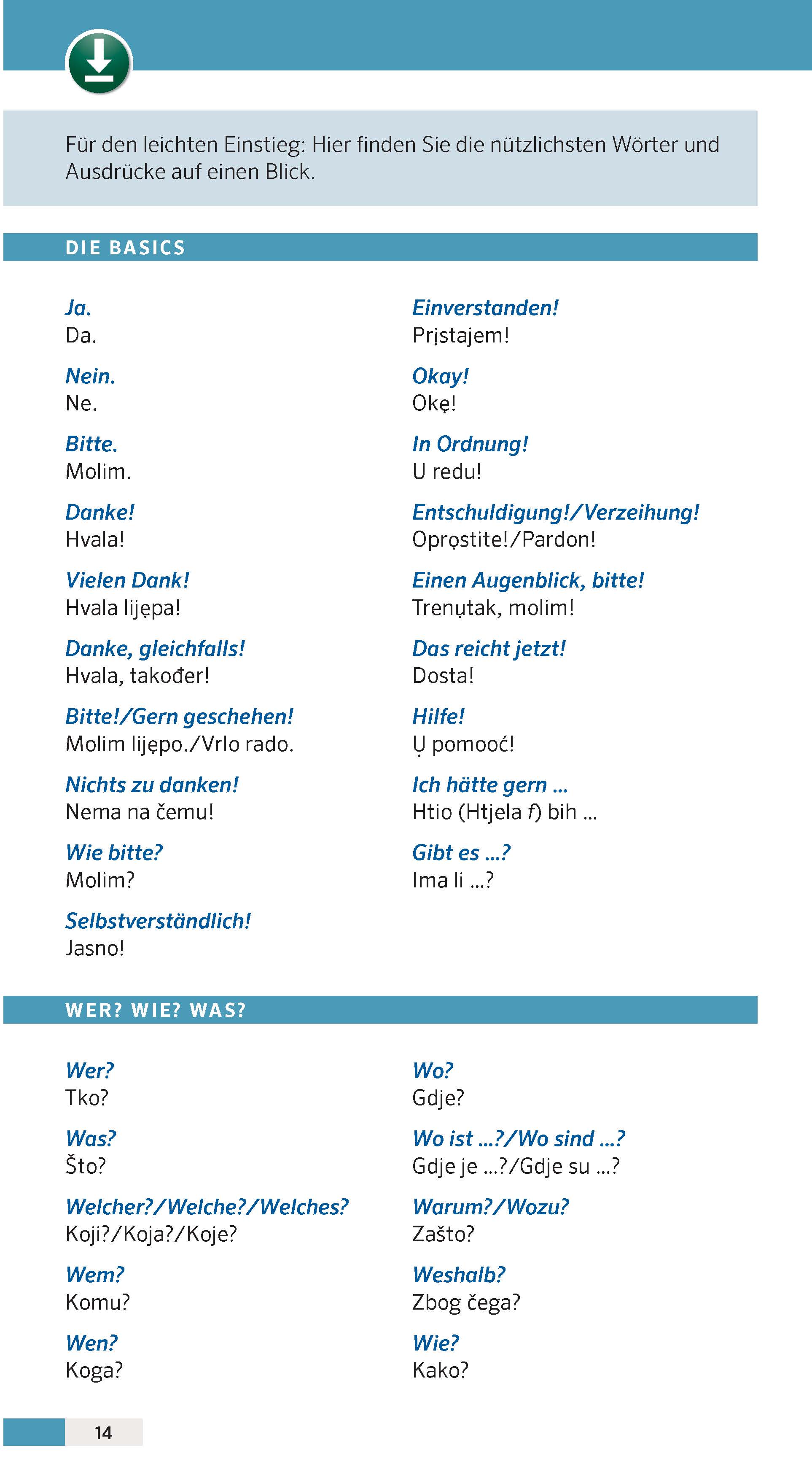 Eine mehrsprachige Phrasentabelle zeigt grundlegende Begrüßungen, Danksagungen, Entschuldigungen und Fragen auf Deutsch, Bosnisch, Kroatisch und Serbisch.