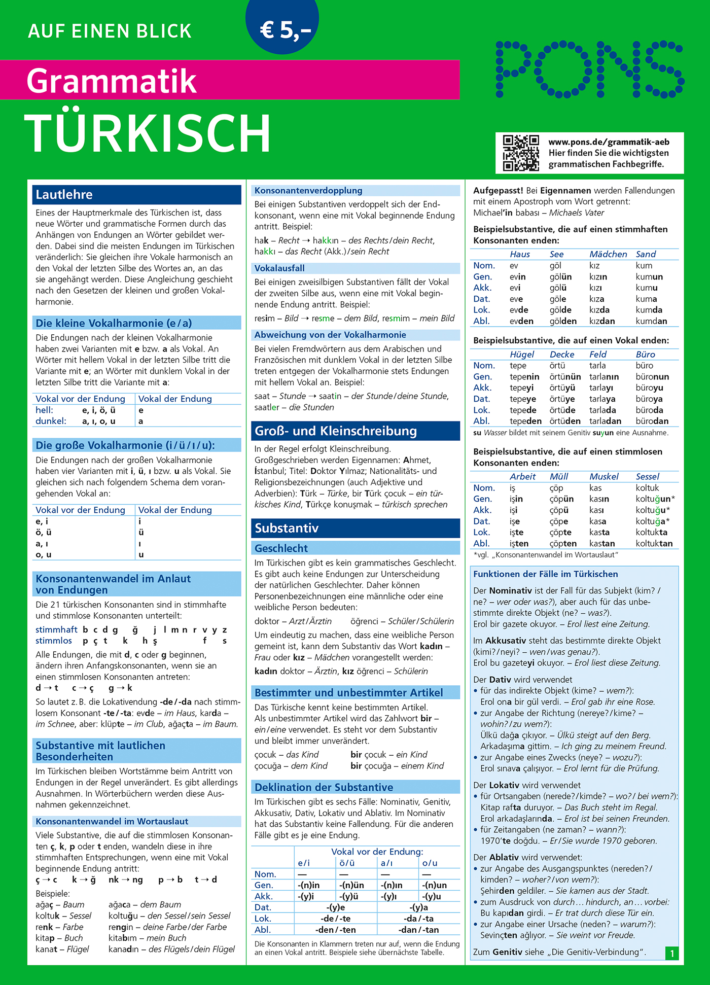 PONS Grammatik auf einen Blick Türkisch Ein deutschsprachiges Nachschlagewerk mit dem Titel Grammatik Türkisch von PONS, das die wichtigsten Aspekte der türkischen Grammatik mit Tabellen und Erläuterungen in blauen und grünen Abschnitten zusammenfasst.