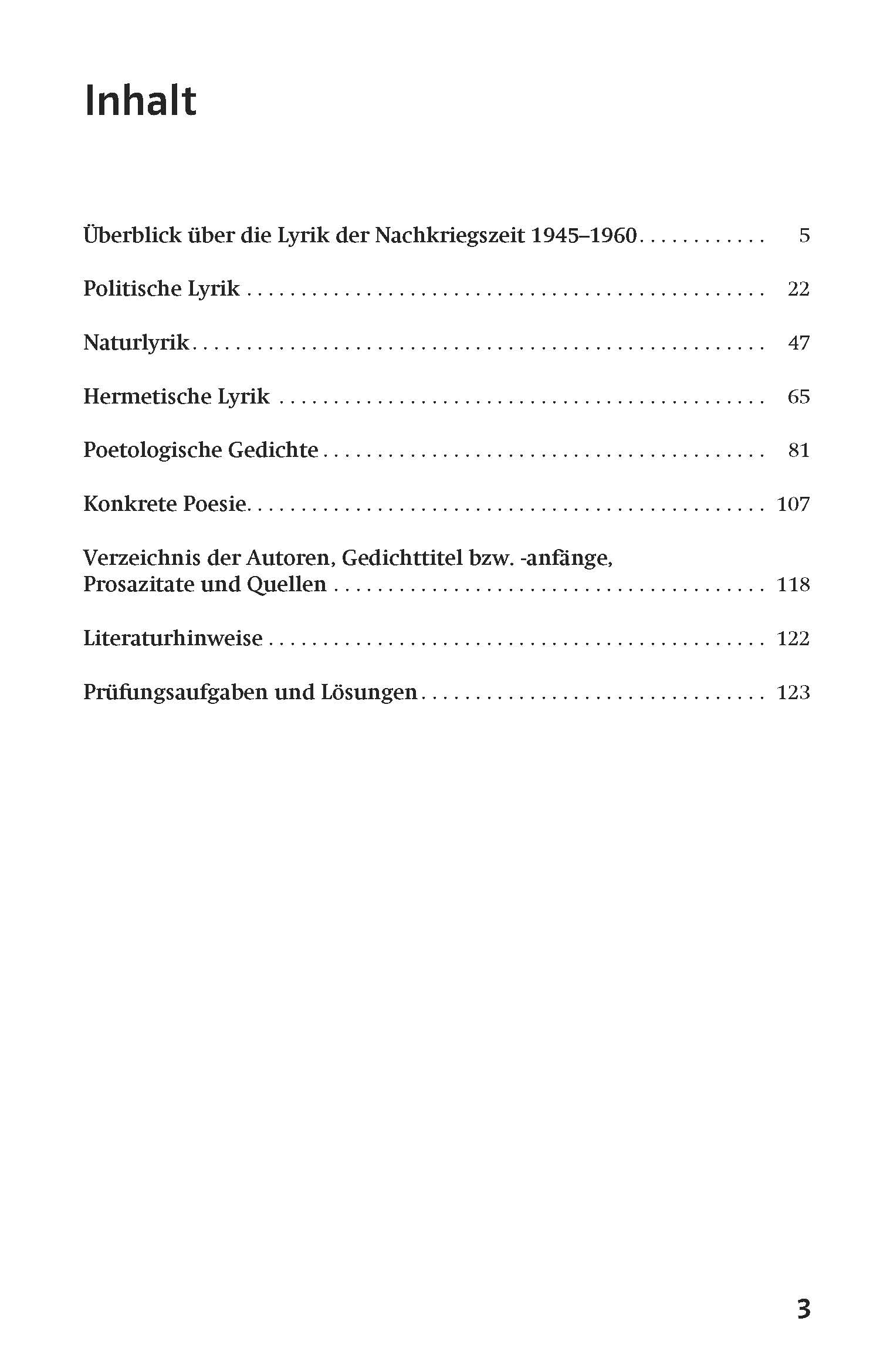 Inhaltsverzeichnis in deutscher Sprache mit Abschnitten über Nachkriegslyrik, politische und natürliche Poesie, hermetische und konkrete Poesie, Autorenverzeichnis, Literaturhinweise und Prüfungsaufgaben.