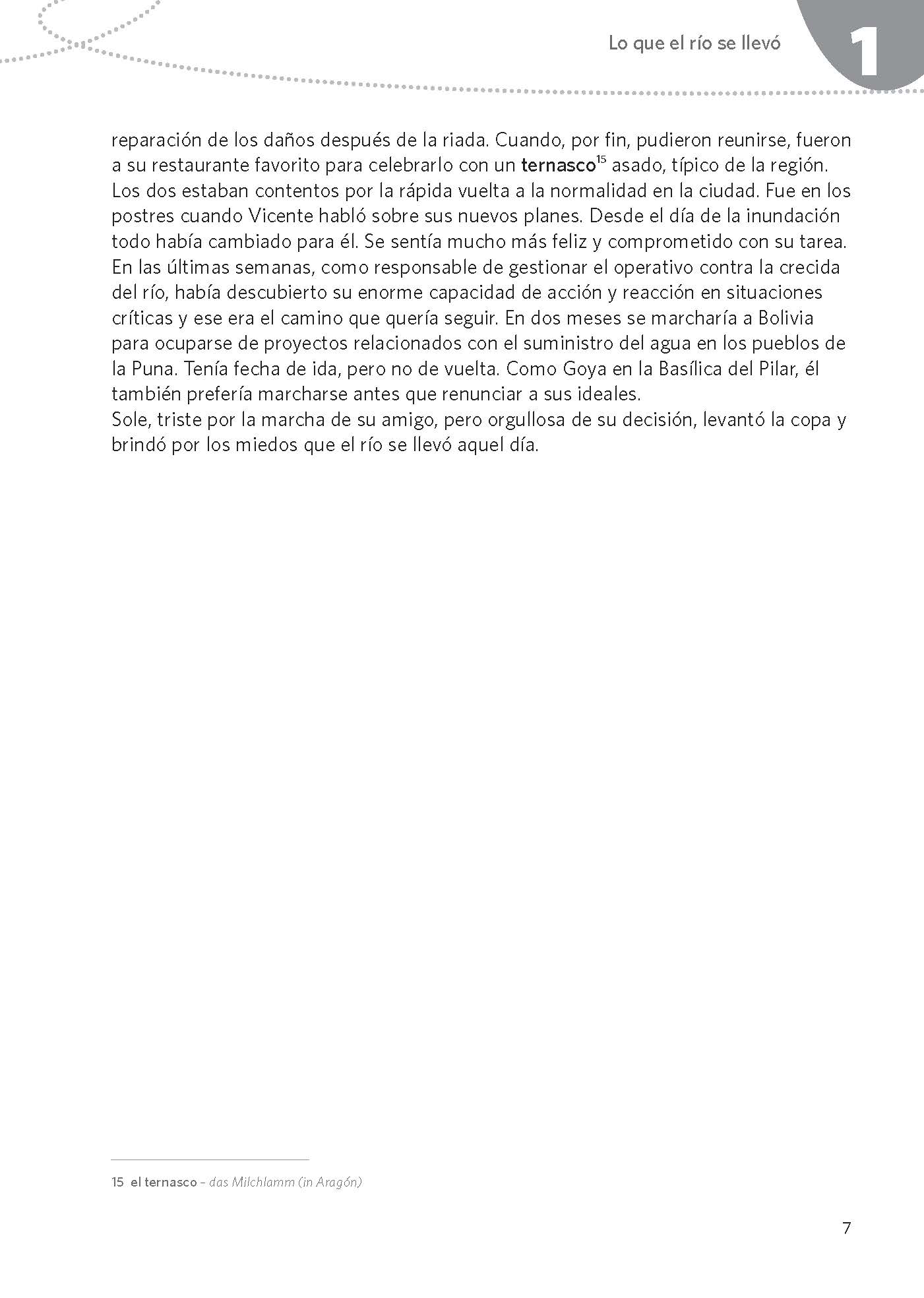 Eine Seite aus einem Buch in spanischer Sprache mit Textabschnitten und einer Seitenzahl (7) in der unteren rechten Ecke. Oben steht der Titel El río que se llevó.