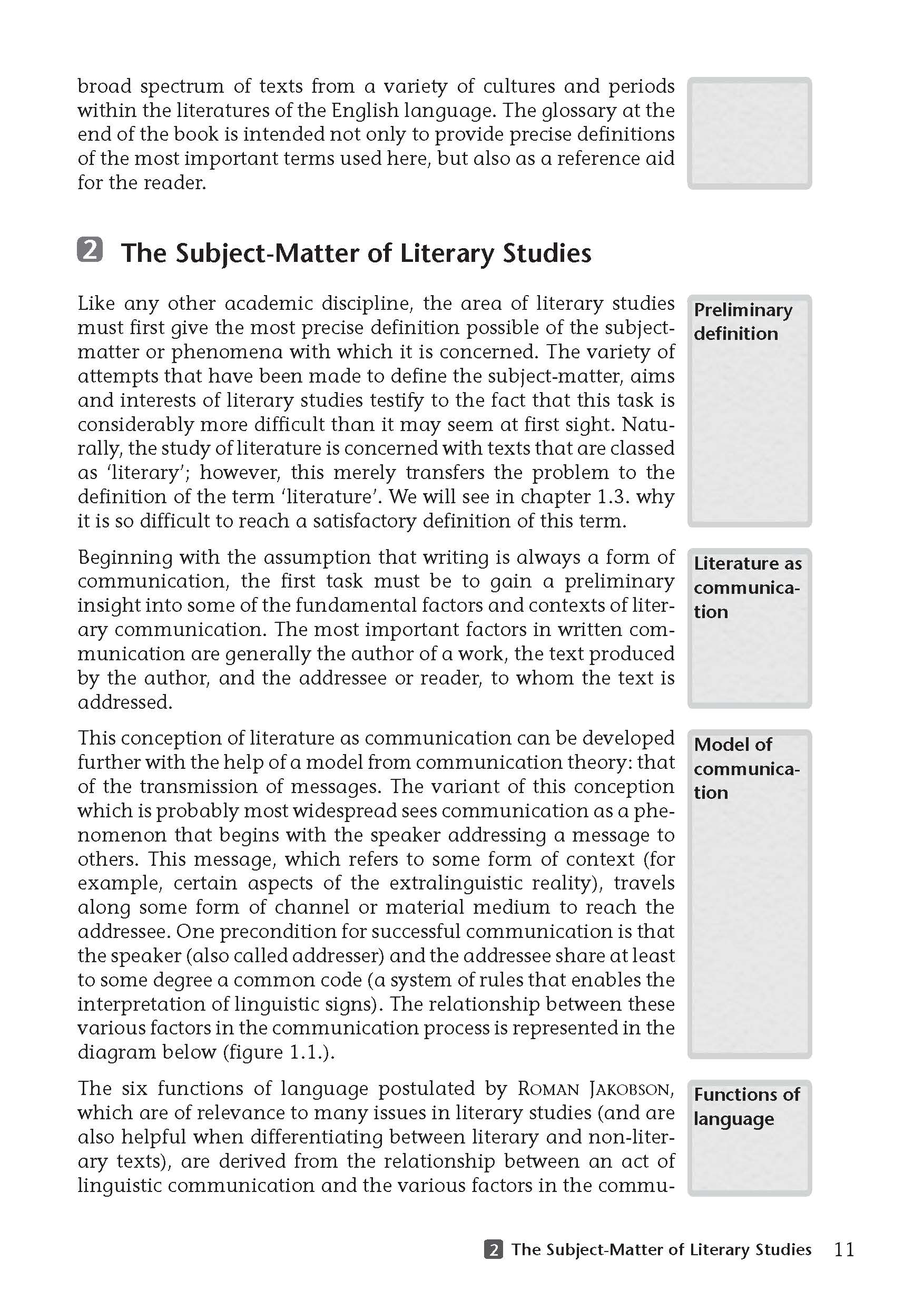 Auf einer Lehrbuchseite mit dem Titel The Subject-Matter of Literary Studies (Der Gegenstand der Literaturwissenschaft) werden Definitionen und Aspekte der Literaturwissenschaft erörtert, wobei Abschnitte und Unterüberschriften am rechten Rand herv...