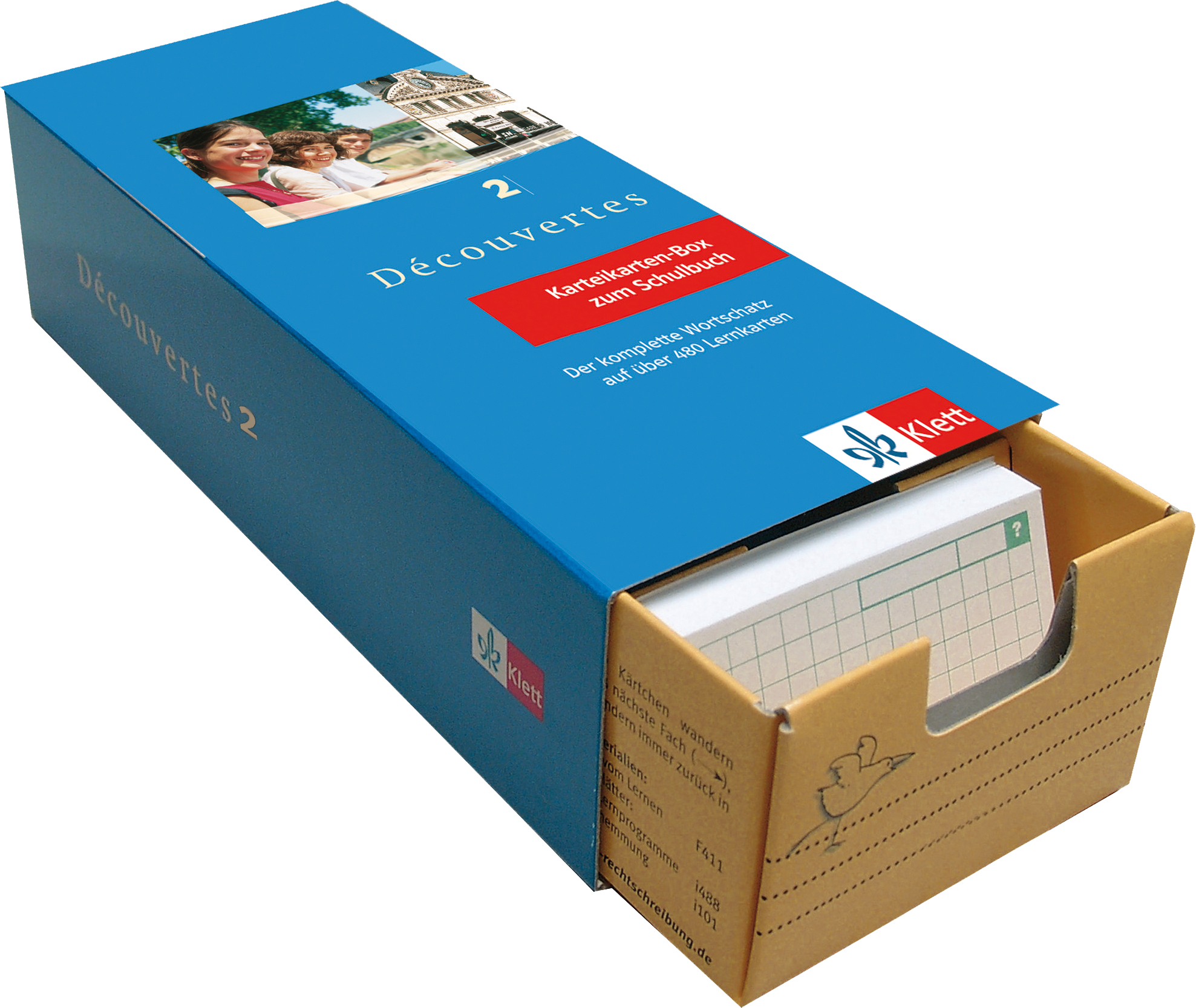 Découvertes 2 - Vokabel-Lernbox zum Schülerbuch Die blaue Schachtel mit der Aufschrift Découvertes 2 enthält Vokabelkarten zum Erlernen der französischen Sprache, wobei eine teilweise geöffnete Schublade die darin befindlichen Karten sichtbar macht.