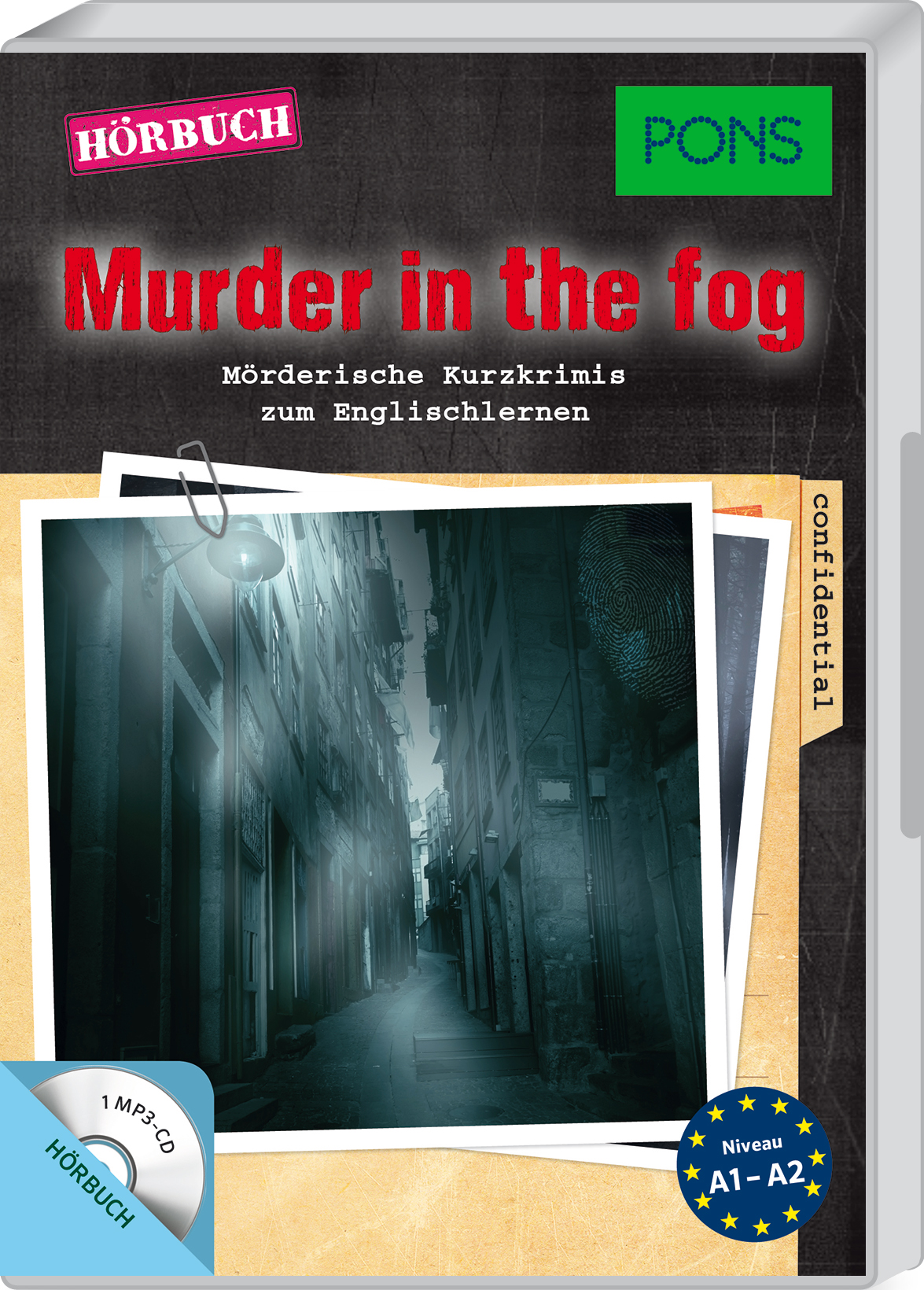Das Buchcover von Murder in the fog zeigt ein Foto einer dunklen, engen Gasse und einen Text, der darauf hinweist, dass es sich um ein Hörbuch für den Englischunterricht mit kurzen Kriminalgeschichten auf dem Niveau A1-A2 handelt.