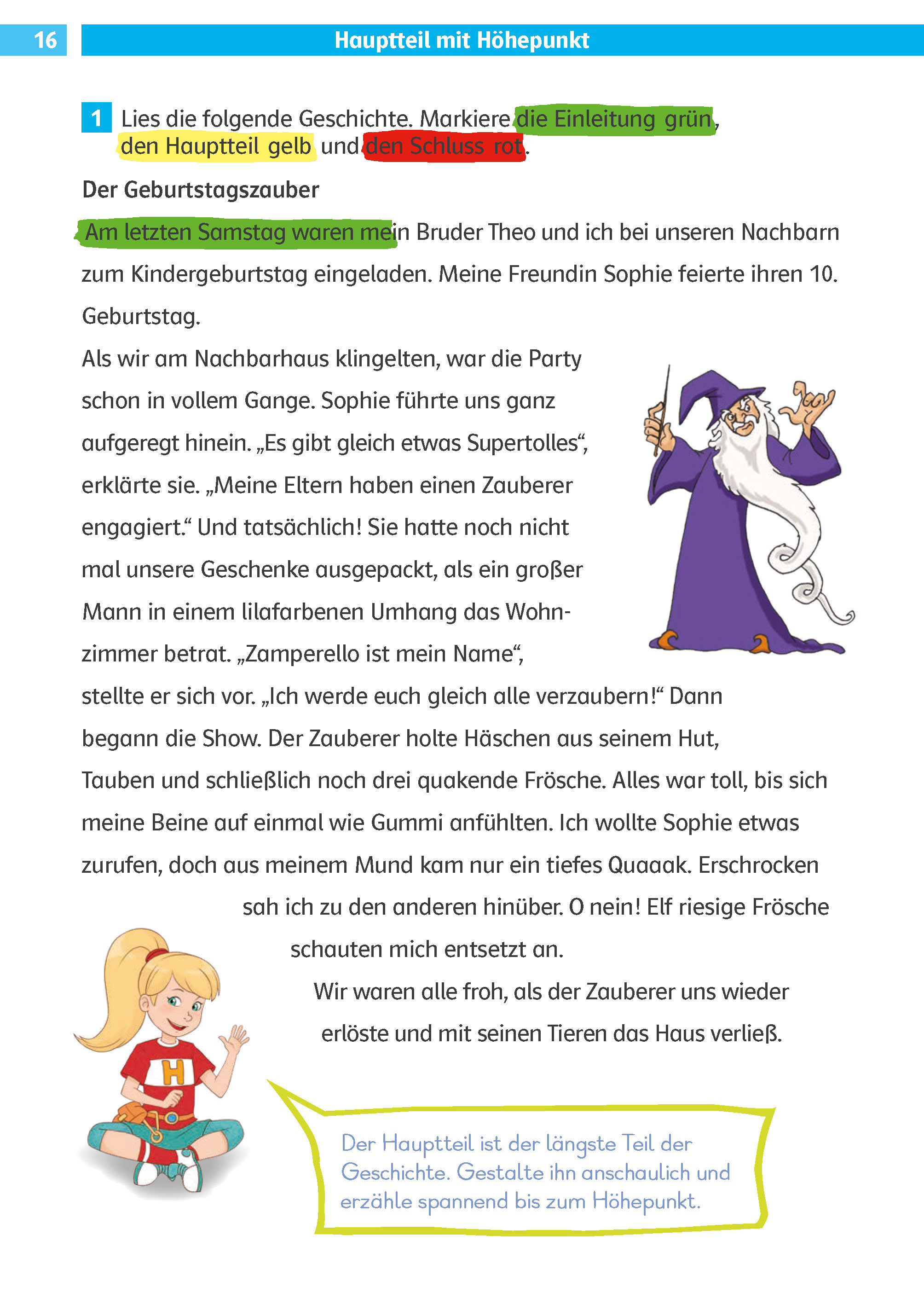 Eine Kinderbuchseite in deutscher Sprache mit hervorgehobenem Text, einer Illustration eines Zauberers in einem violetten Gewand und farbigen Textfeldern mit Leseanweisungen.