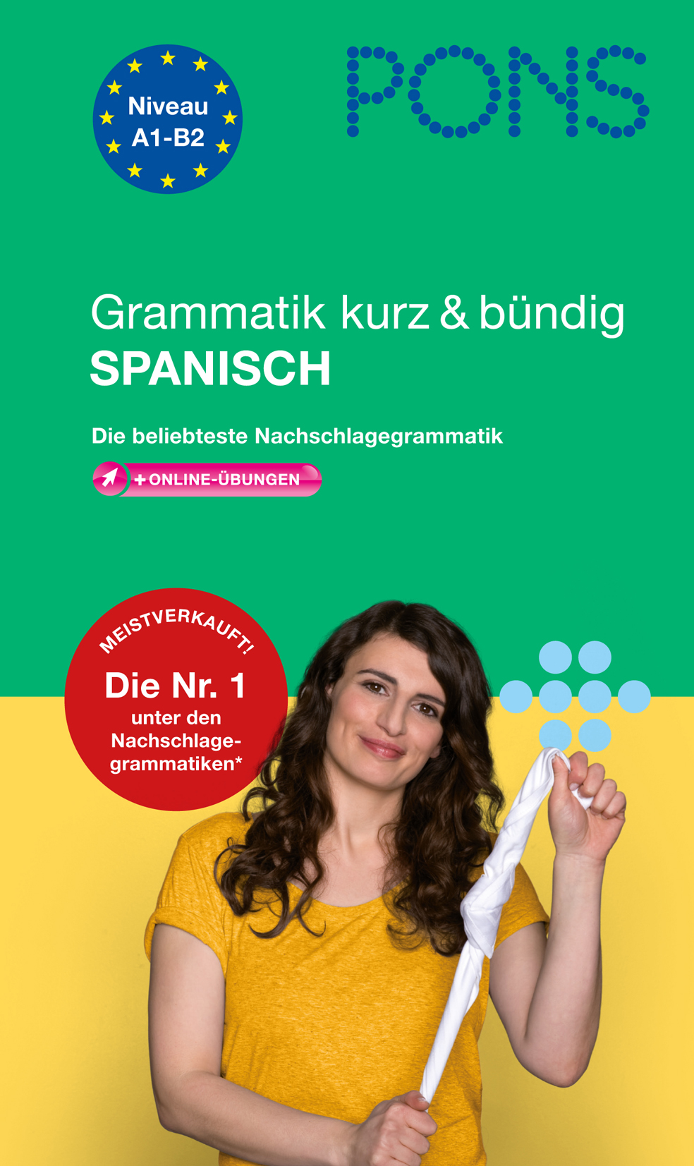 Eine Frau mit langen braunen Haaren hält ein gerolltes weißes Plakat vor einem grünen und gelben Hintergrund mit Informationen und Logos zu deutschen und spanischen Grammatikbüchern.