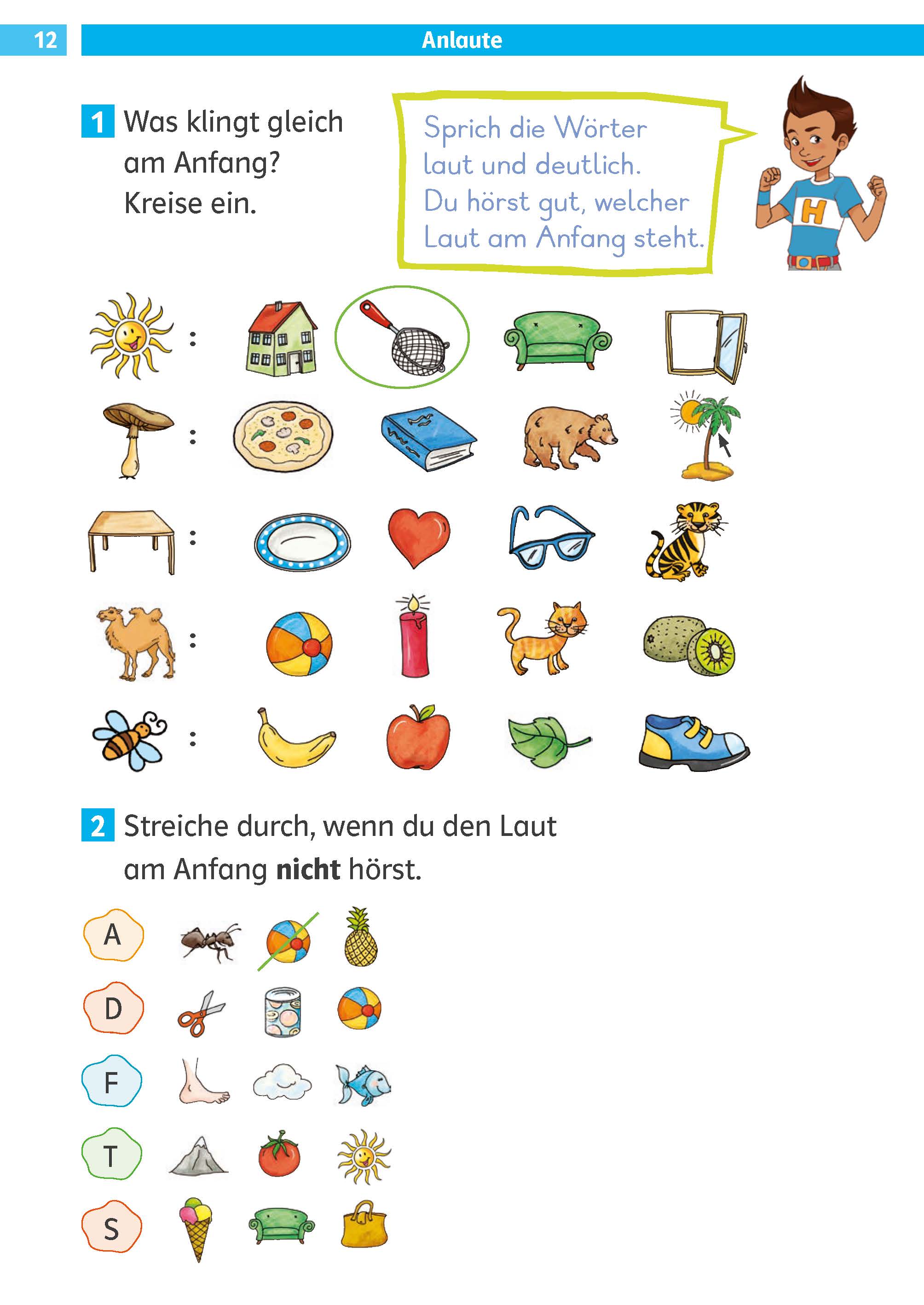 Ein Arbeitsblatt zur deutschen Sprache für Kinder mit illustrierten Gegenständen; die Schüler identifizieren passende Anfangslaute und streichen Gegenstände ohne den angegebenen Anfangslaut durch.