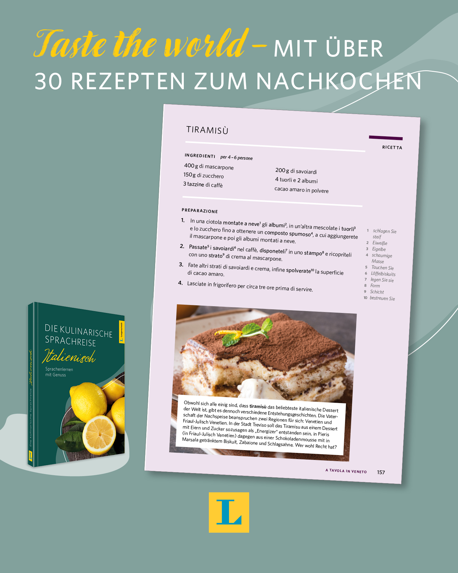 Eine deutschsprachige Kochbuchseite zeigt ein Tiramisu-Rezept mit einem Foto von Tiramisu und einem Buchcover mit Zitronen und dem Titel Die kulinarische Sprachreise Italienisch.