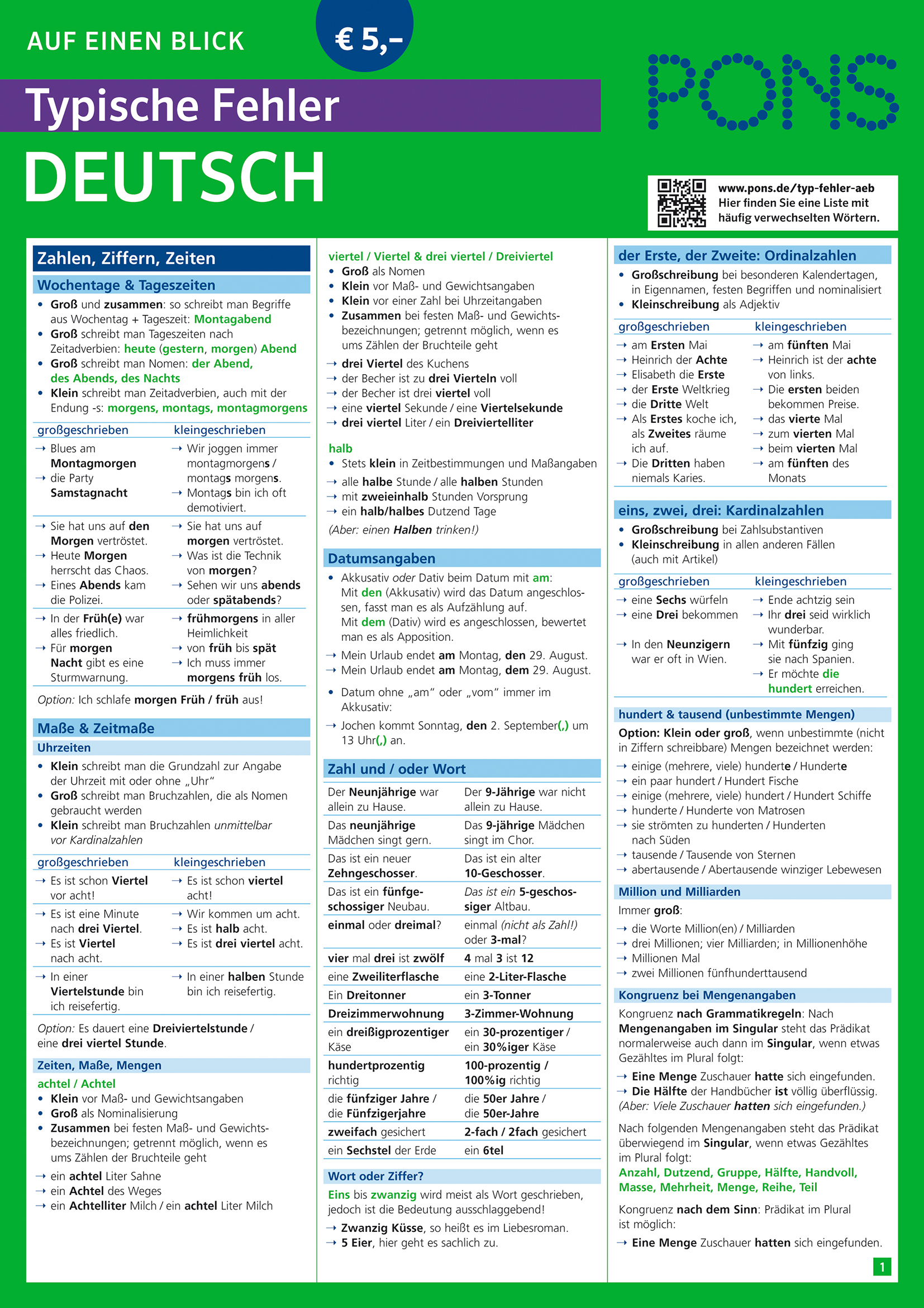 Eine Referenztabelle mit dem Titel Typische Fehler Deutsch, in der häufige Fehler mit Nummern, Daten und Zeiten aufgelistet sind, gegliedert in farbige Textkästen mit detaillierten Erklärungen und Beispielen.